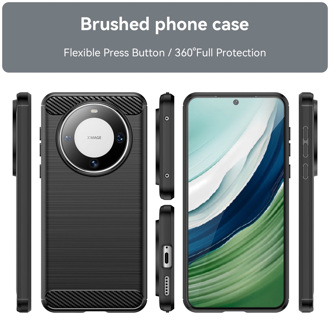 Husa de Protectie pentru Huawei Mate 60 Pro, Vafy, Protectie 360, din TPU cu element de Carbon, Anti Alunecare, 1.8 mm, Negru