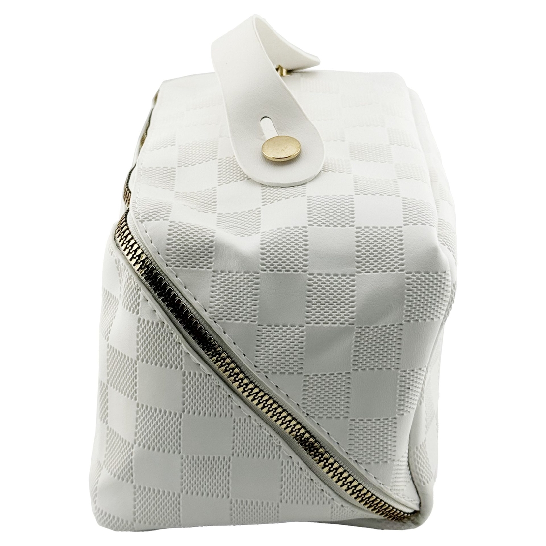 Geanta de Calatorie Flippy, Pentru Cosmetice, Portabila, Impermeabila, din Piele Ecologica, Compartimente Multiple, cu Fermoar, 22 x 13 x 12.5 cm, In Carouri, Alb