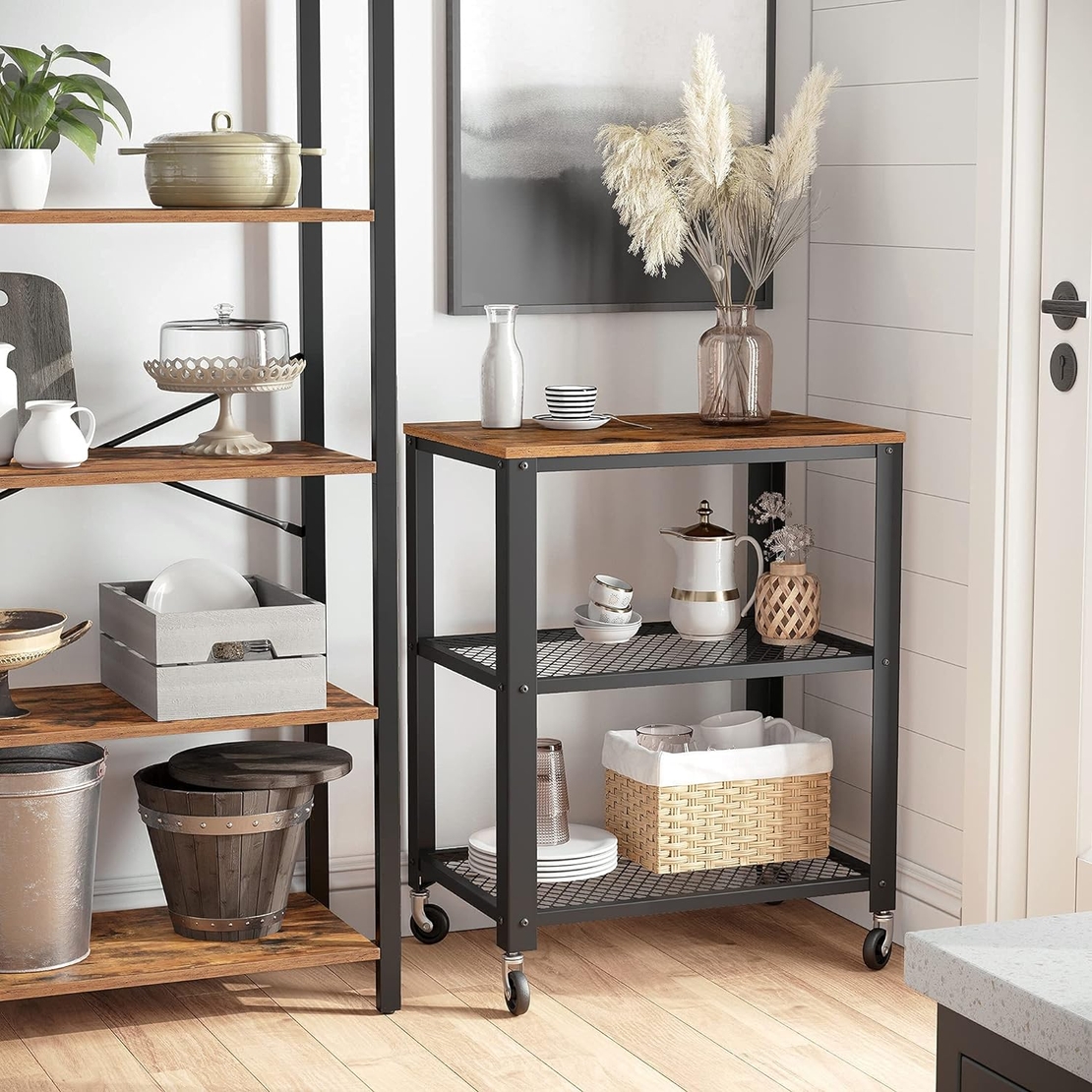VASAGLE Carucior de servire pe roti, cu polite, pentru bucatarie, 40x60x77cm, industrial, maro rustic