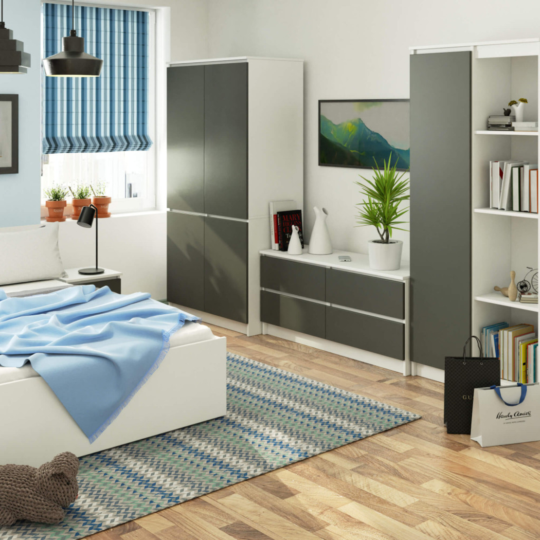Dulap cu 4 usi, rafturi si bara pentru umerase, PAL laminat, 90x51x180 cm, alb si gri grafit