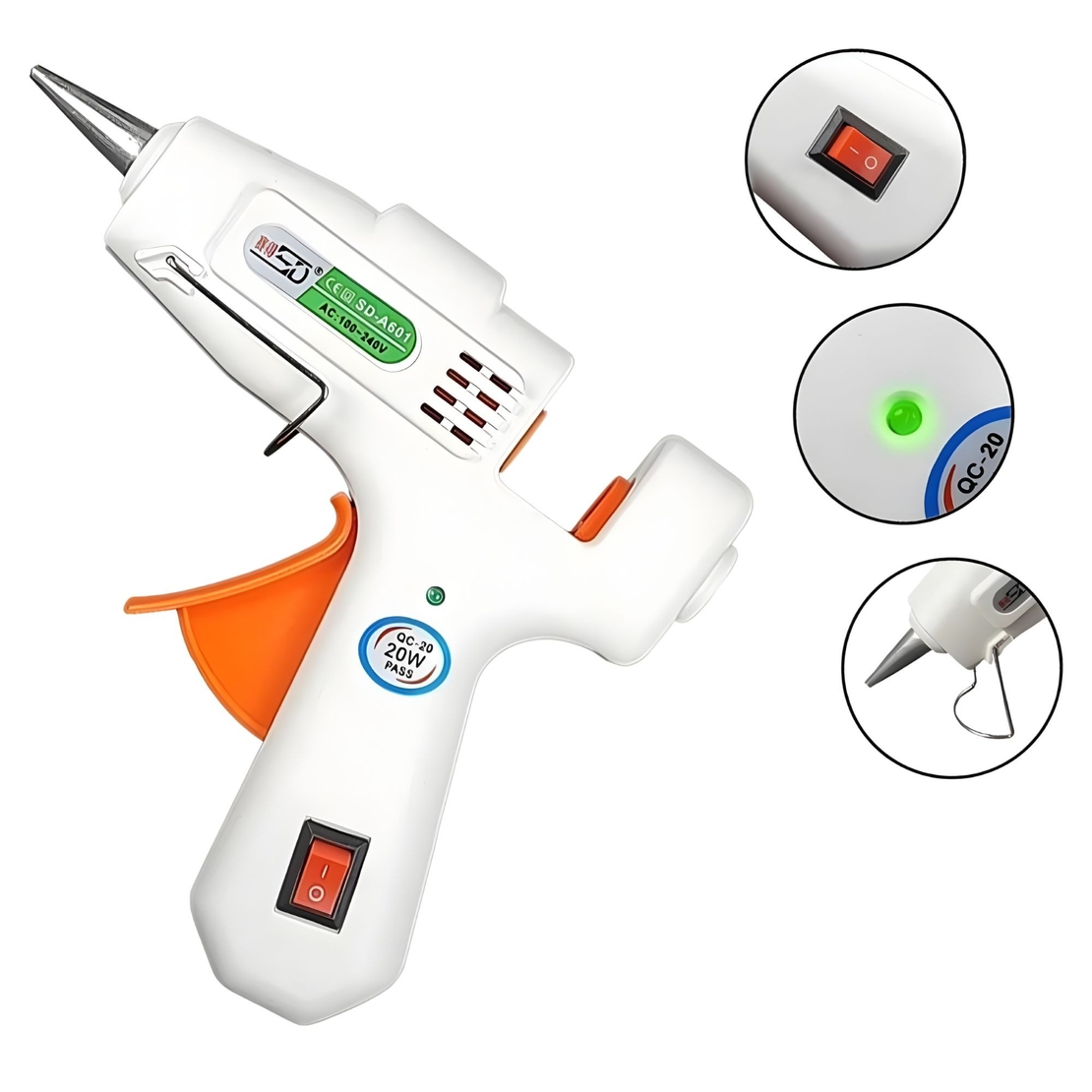 Pistol de Lipit cu Silicon la cald, Vafy, 20 W, pentru Batoane 7 mm, Duza din Aluminiu Anti-picurare, Incalzire Rapida, pentru Bricolaj, Artizanat și Reparatii, Alb