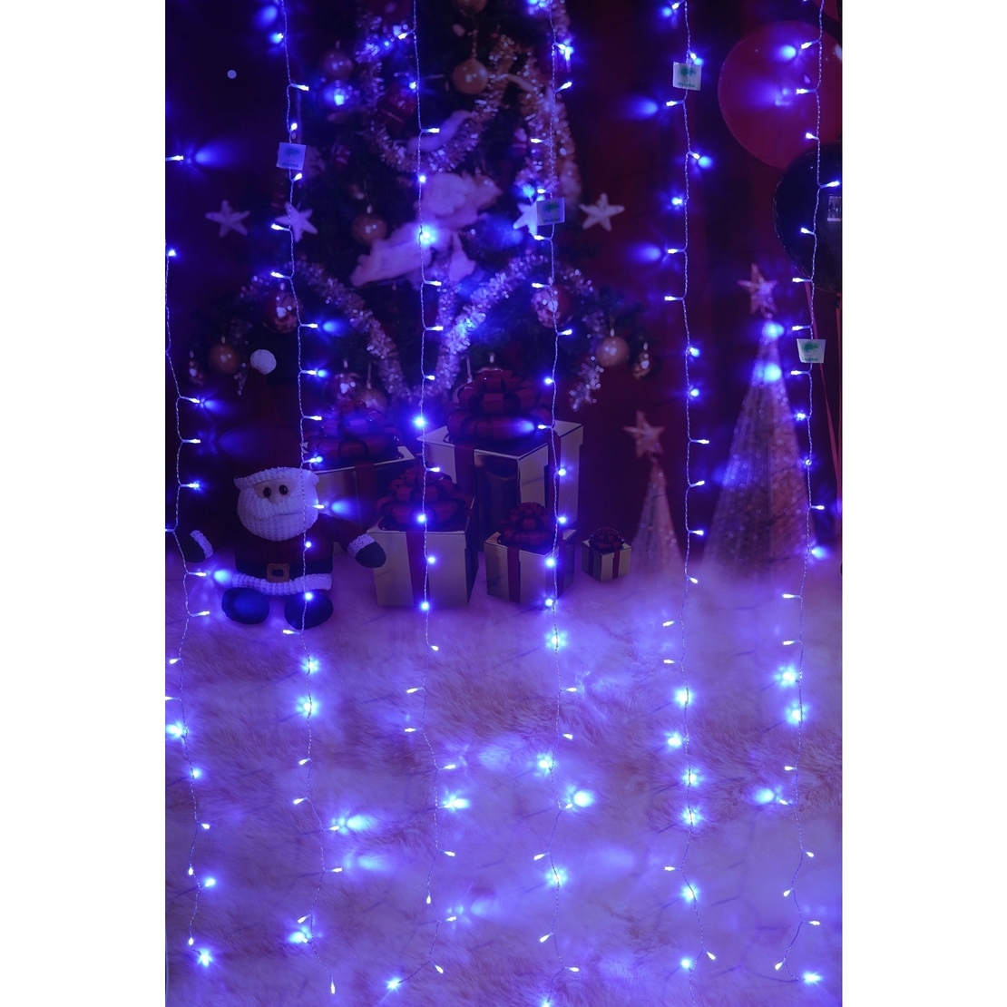 Instalatie Craciun, Tip Perdea, IP44, 10 m x 2 m, 1200 LED-uri, Albastru, 8 jocuri de lumini, Transformator, Interconectabila, Prelungitor 5 m inclus, Fir transparent, Interior/ Exterior, Vafy