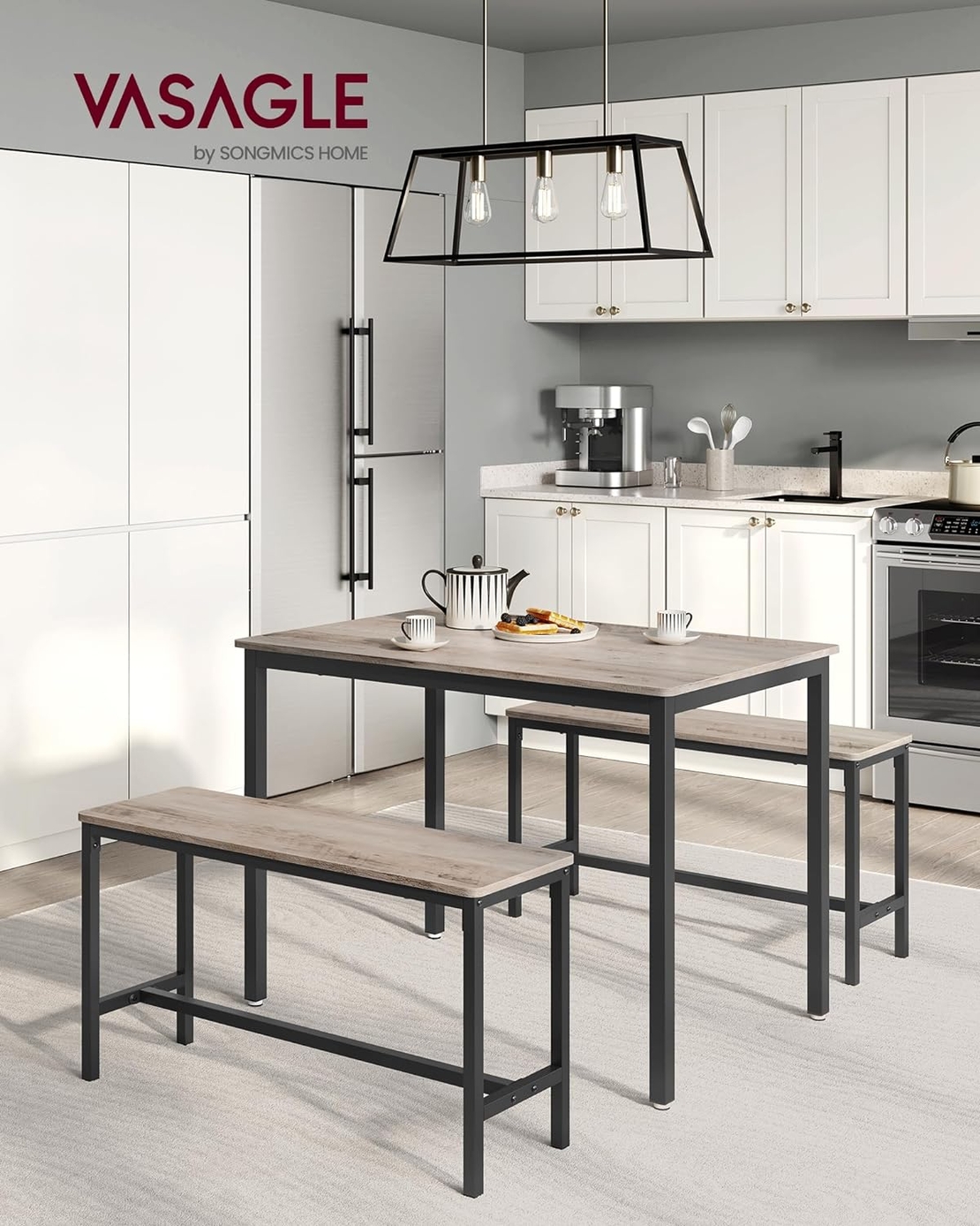 VASAGLE Masa de bar cu 2 banci, design industrial, 110x70x75cm, stejar sonoma