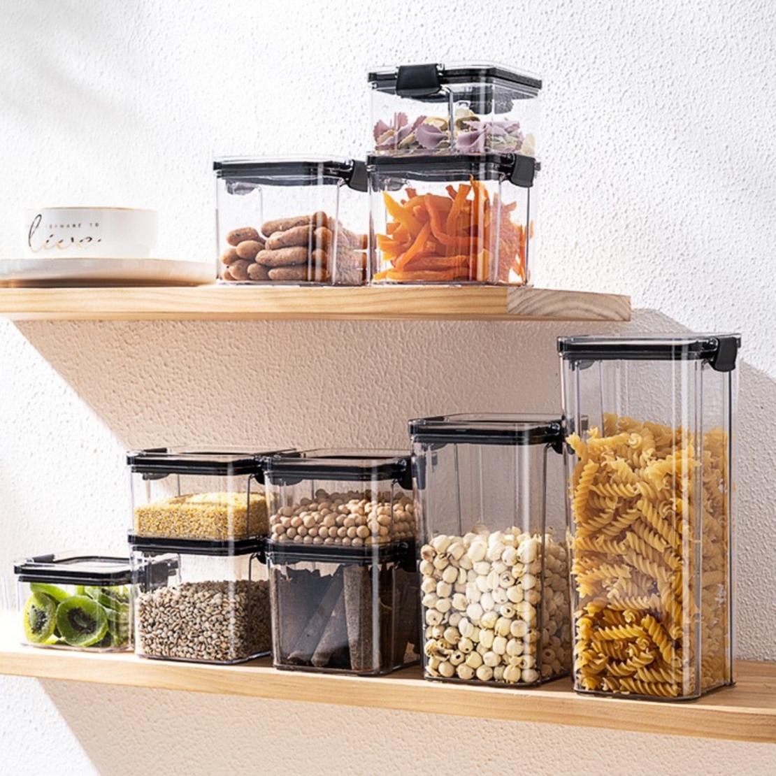 Set 8 Recipiente din Plastic, Flippy, pentru Alimente/Obiecte, Inchidere Ermetica, 2 x 460 ml, 3 x 700 ml, 2 x 1300 ml, 1 x 1800 ml, Transparent