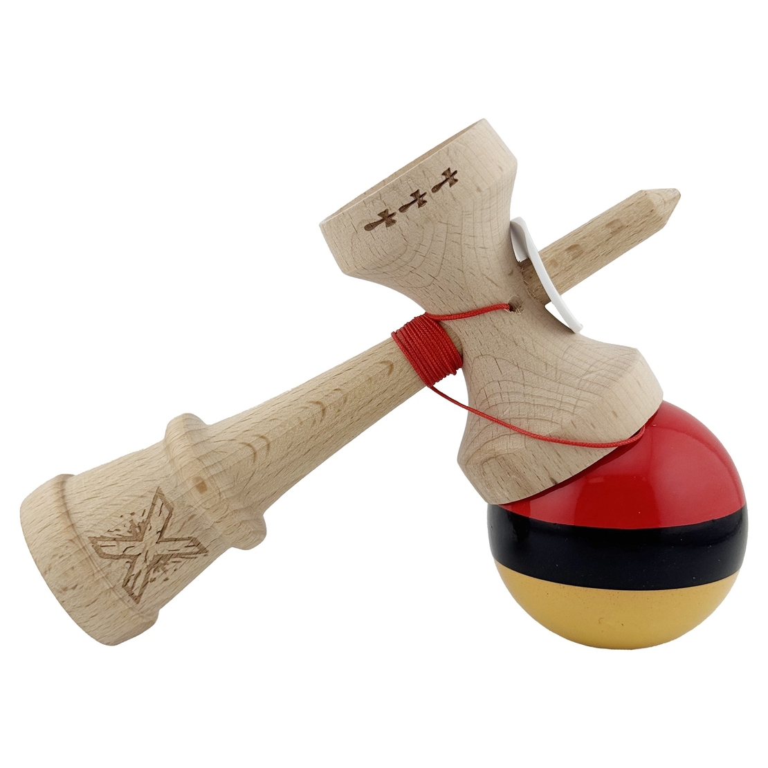 Kendama X Originala, Profesionala, Flippy, Super Sticky cu Cupe Mari KING SIZE V3, Gaura in Baza, Rulment Metalic, din lemn 18 cm, Ata 62/65 cm, Rosu/Negru/Galben