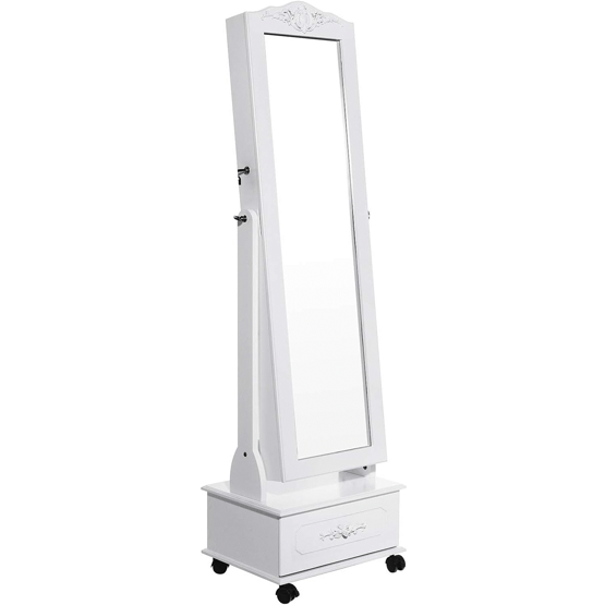 SONGMICS Oglinda de podea cu dulap depozitare bijuterii, iluminare LED si roti, cu cheie, 35x45x156 cm, alb