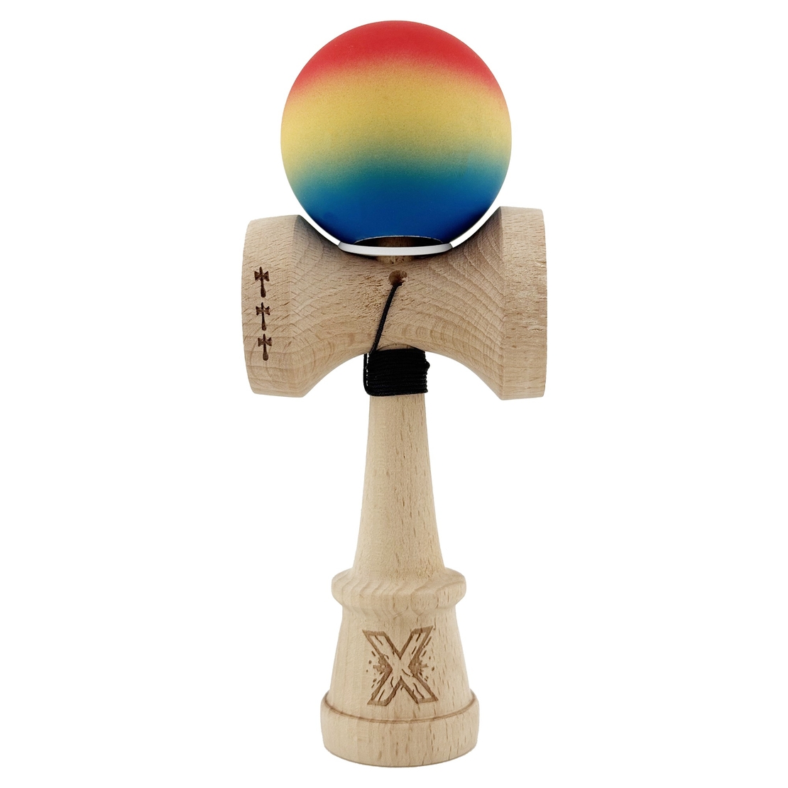 Kendama X Originala, Profesionala, Flippy, Cupe Mari KING SIZE V3, Rubber Grip, Gaura in Baza, Rulment Metalic, din lemn 18 cm, Ata 62/65 cm, Gradient Rosu/Galben/Albastru