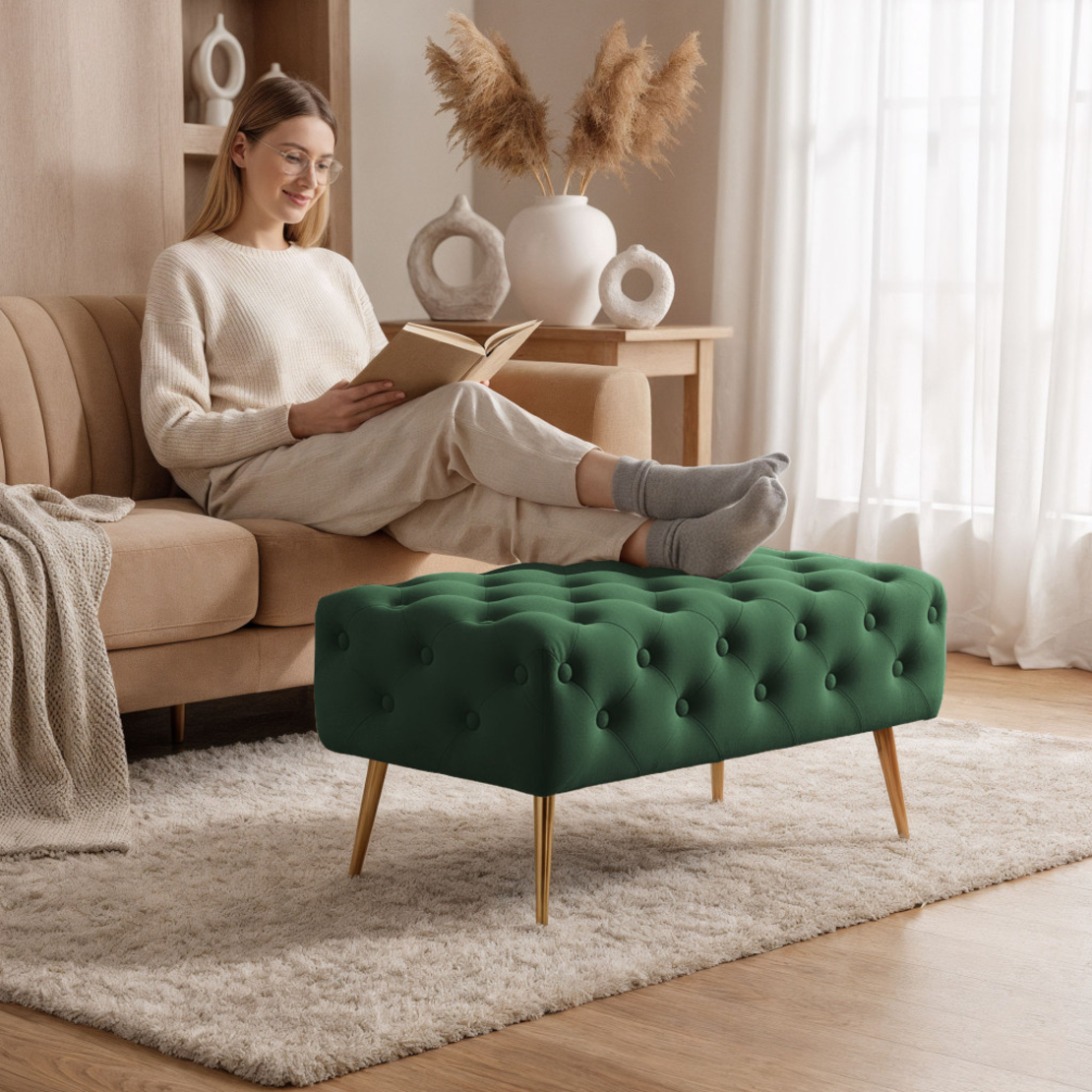 Taburet Madrid, tapitat cu catifea, tip banca, cu picioare metalice, 80x42x41 cm, verde