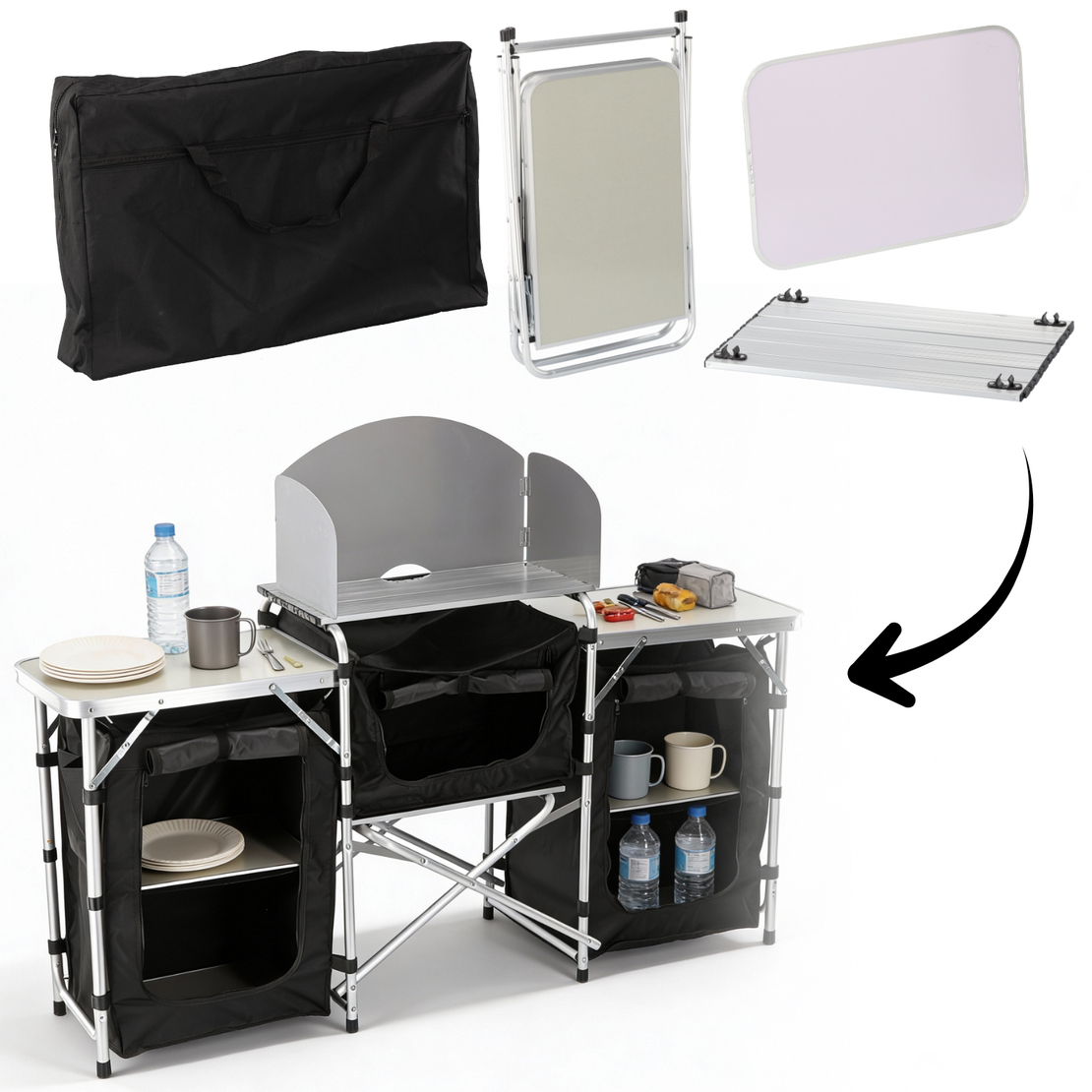 Bucatarie de camping pliabila cu 3 blaturi, cadru aluminiu, portabila pentru exterior, 175x40x111 cm