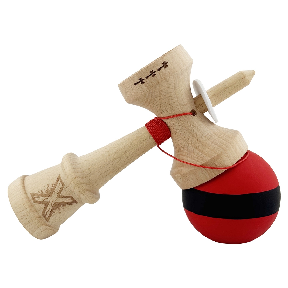 Kendama X Originala, Profesionala, Flippy, Cupe Mari KING SIZE V3, Rubber Grip, Gaura in Baza, Rulment Metalic, din lemn 18 cm, Ata 62/65 cm, M Bicolor Rosu Dublu/Negru