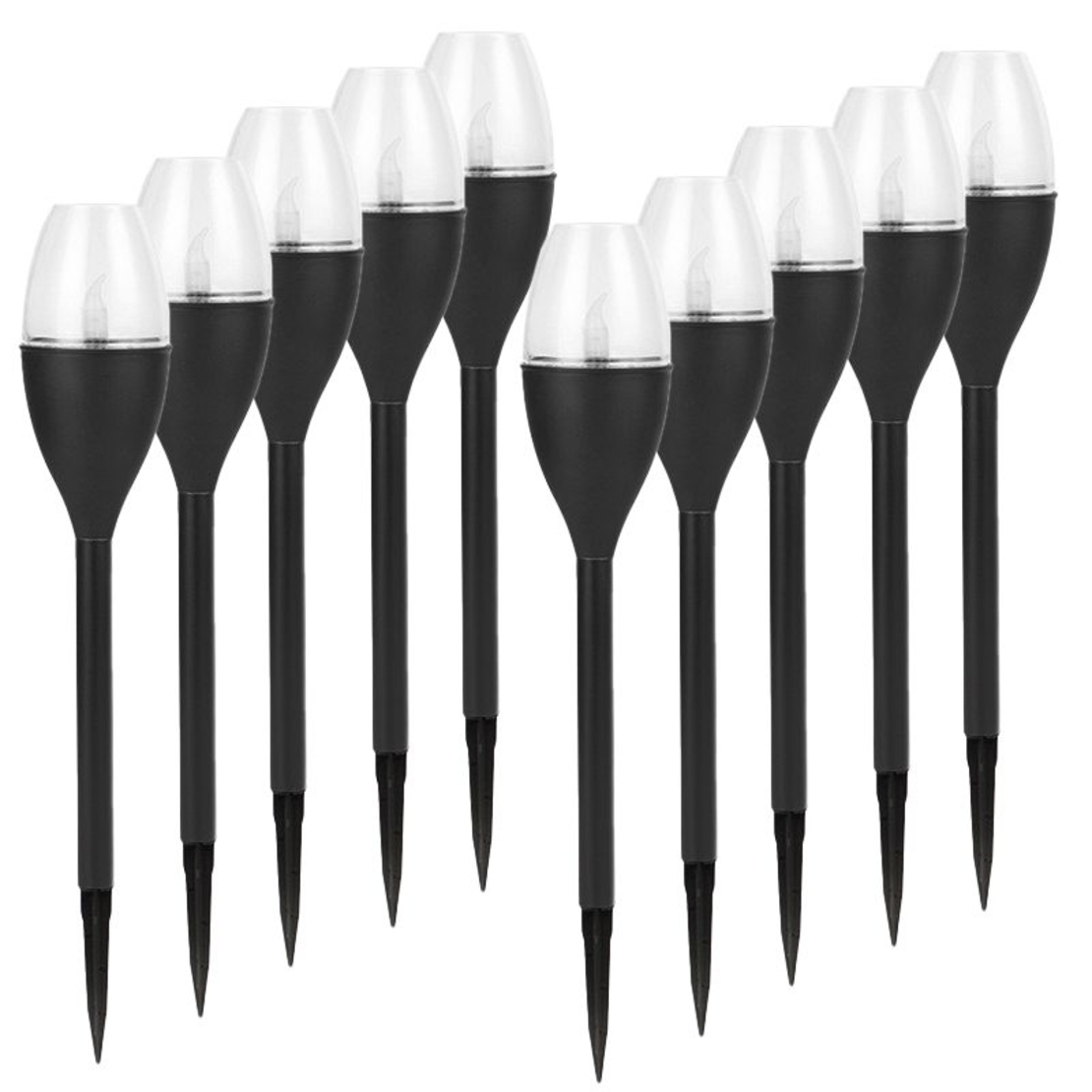 Lampa solara LED pentru gradina, Flippy, Set 10 Bucati, Tip Pahar de Vin, Inaltime 37.5 cm, efect de flacara, PVC si ABS, 2V, 200mAh, Lumina Alb Rece, Negru