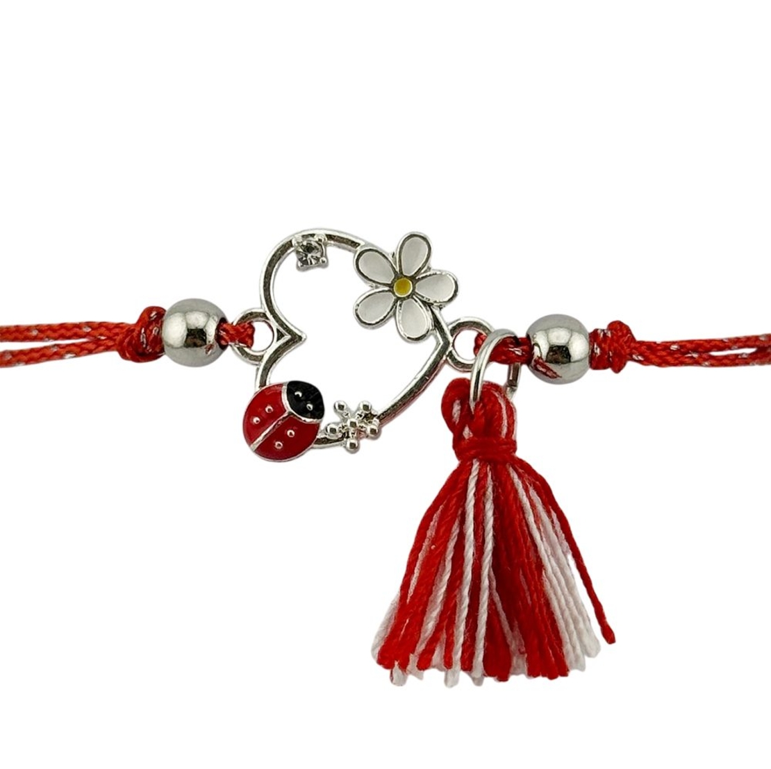 Martisor Bratara cu Ciucure pentru Dama, Jolie, Model Inima cu Floare Alba, Set 12 bucati, Pandativ din Inox cu Piatra, Snur Reglabil, Rosu/Alb