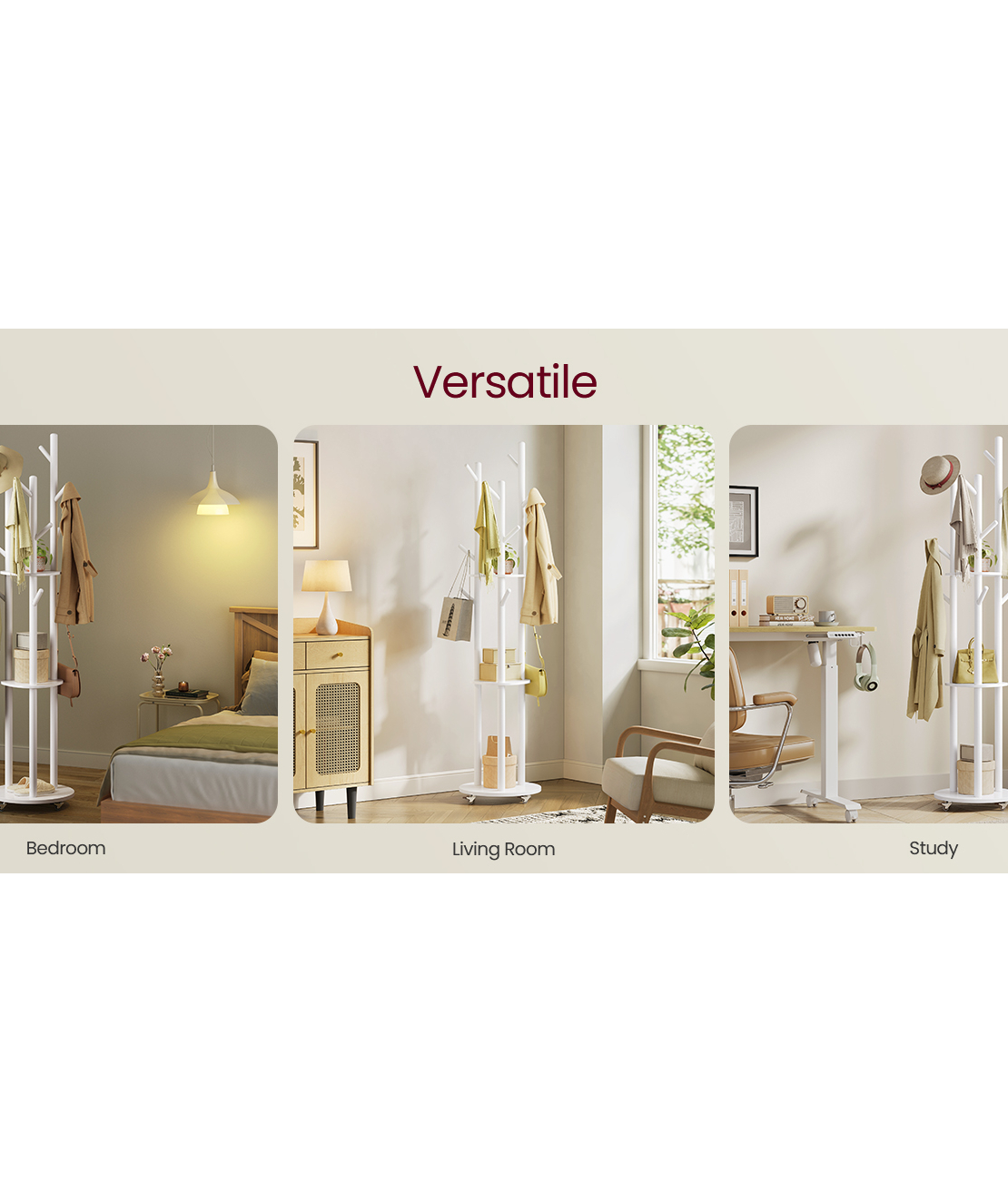 VASAGLE Cuier din lemn masiv, cu 11 agatatori si 3 rafturi, 4 roti detasabile rotative 360°, 40x40x175 cm, alb