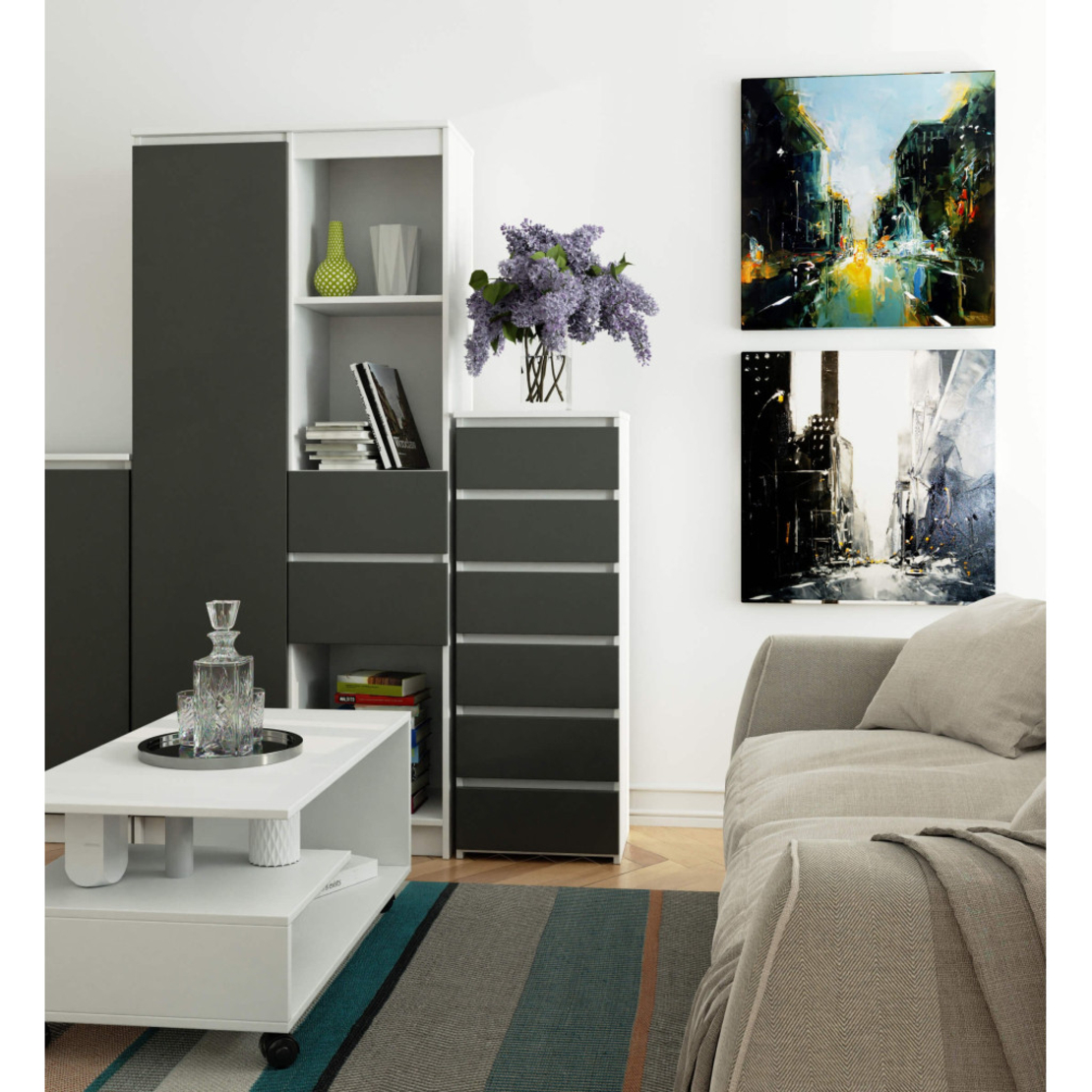 Comoda cu 6 sertare, PAL laminat 16 mm, 40x35x109 cm, alb si gri