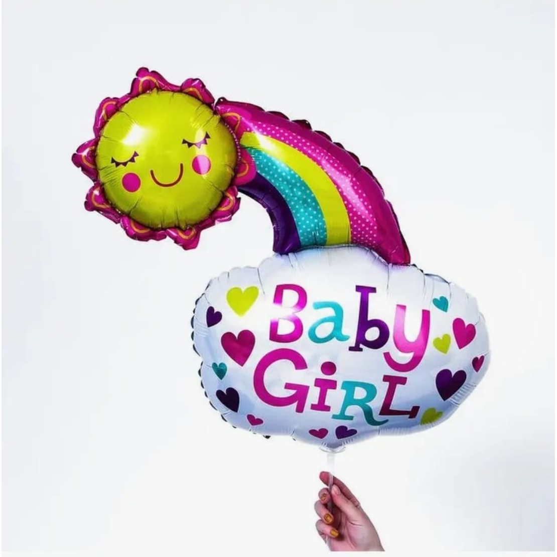 Balon din Folie Metalizata, Vafy, Figurina Soare si Nor, Tema Botez, 60x53 cm, Ambalaj Individual, Pai Inclus, Umflare cu Aer sau Heliu, Roz