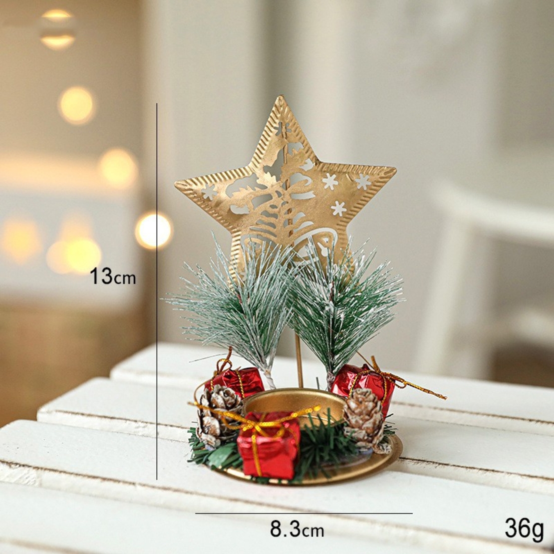 Suport Decorativ pentru Lumanare de Craciun, Flippy, Ornament pentru Lumanare pe Masa, Model Stea cu Clopotei si Crengute de Brad, din Art Metal, fara Lumanare 13 x 8.3 cm, Auriu