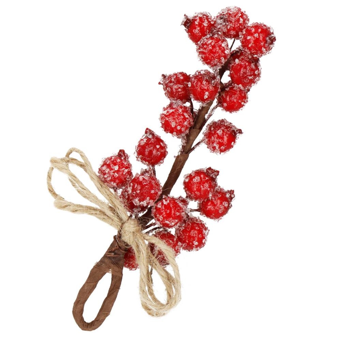 Ramura decorativa cu boabe de merisoare artificiale si snur din iuta, 15x5,5 cm, rosu