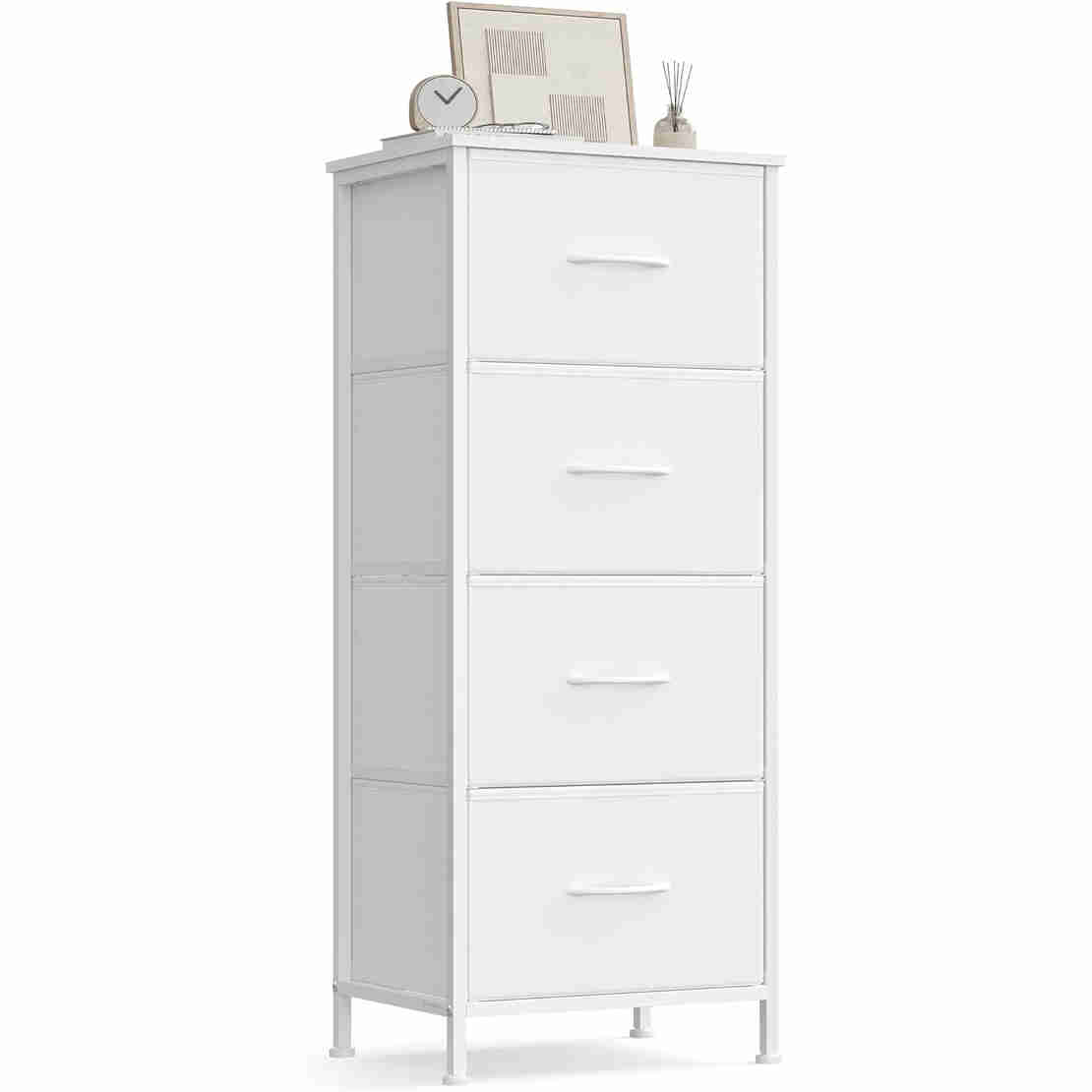 SONGMICS Comoda cu 4 sertare textile, cadru metalic si blat MDF, 40x30x95 cm, alb