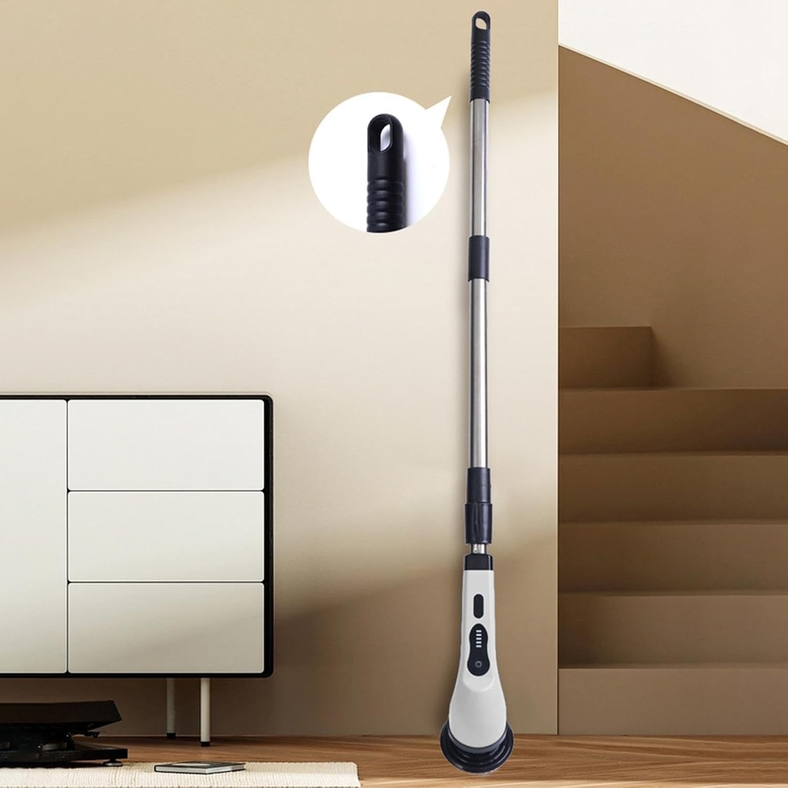 Perie Electrica de Curatare, Flippy, pentru Gresie, Baie, Bucatarie, 25x20x9.5 cm, cu 9 Capete, Maner Extensibil Detasabil 84-127cm, Incarcare USB-Type C, Rotire 360 de Grade, 3000 mAh, Culoare: Alb