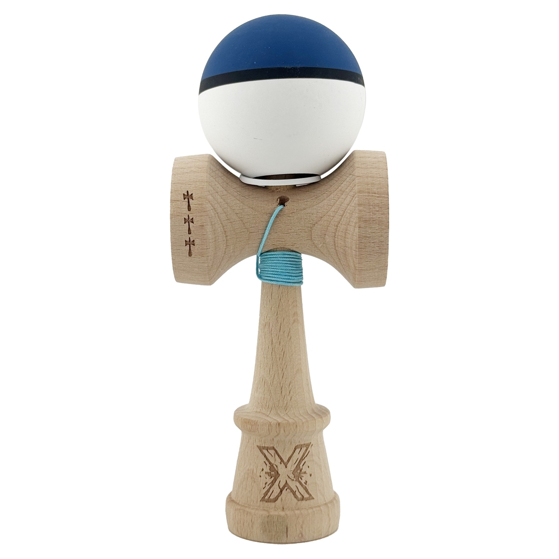 Kendama X Originala, Profesionala, Flippy, Cupe Mari KING SIZE V3, Rubber Grip, Gaura in Baza, Rulment Metalic, din lemn 18 cm, Ata 62/65 cm, S Bicolor Albastru inchis/Alb