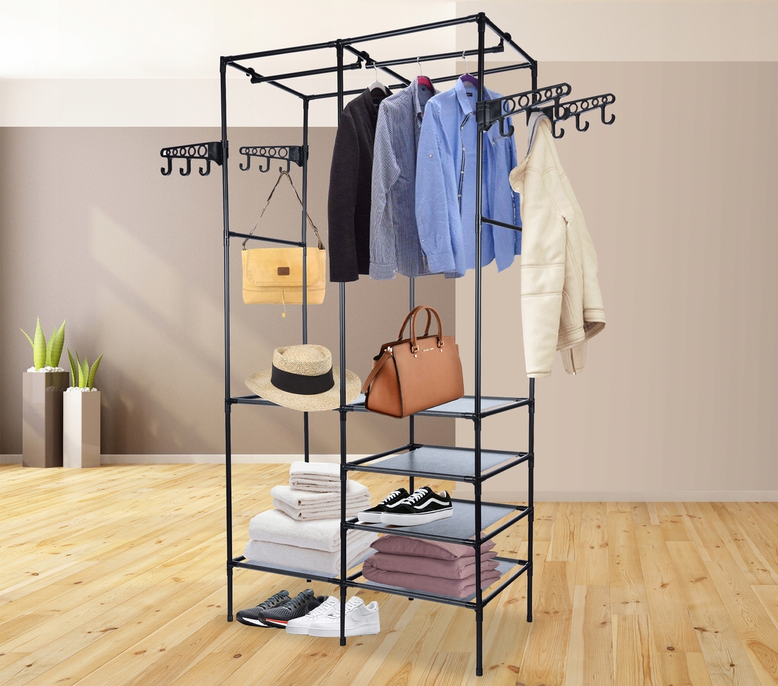 Stand de haine cu polite si tije pentru agatarea umeraselor, 85x44x174cm, negru