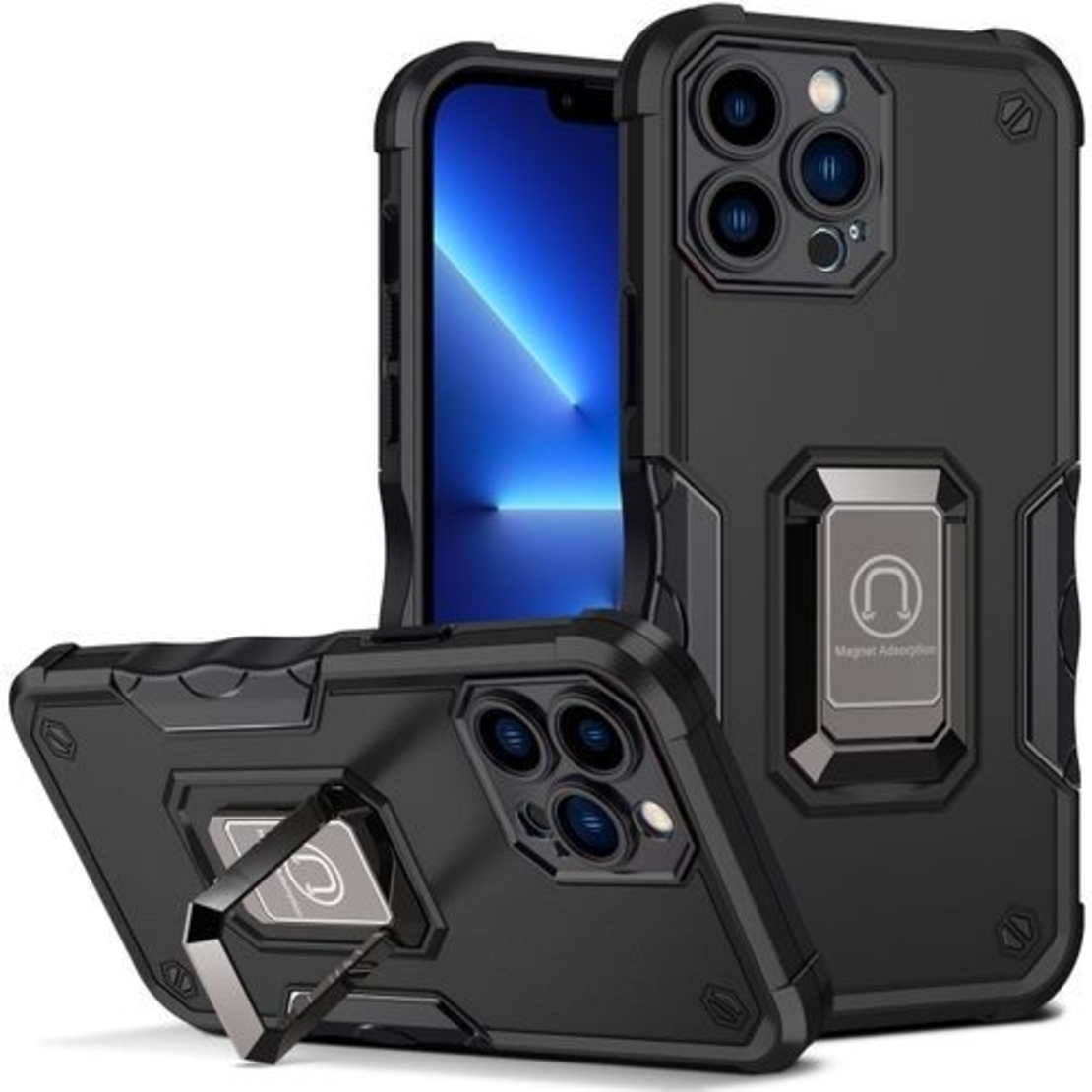 Husa Iron Warriors pentru iPhone 14 Pro Max, Vafy, Hybrid Ring Holder Kickstand, Negru