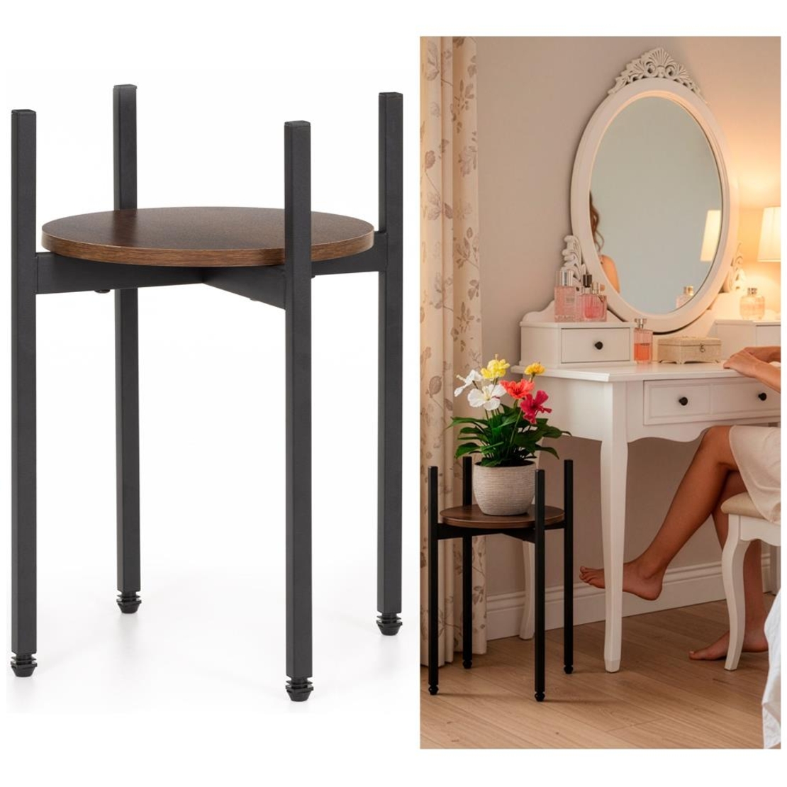 Suport metalic pentru floare, cu polita rotunda din MDF, 32x32x43 cm, negru