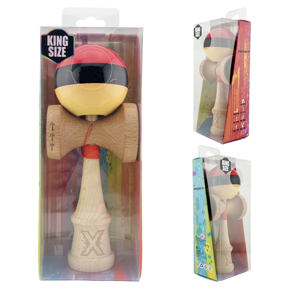 Kendama X Originala, Profesionala, Flippy, Big Cups V2, Super Sticky cu Cupe Mari, Rulment Metalic, din lemn 18 cm, Ata 55 cm, Rosu/Negru/Galben