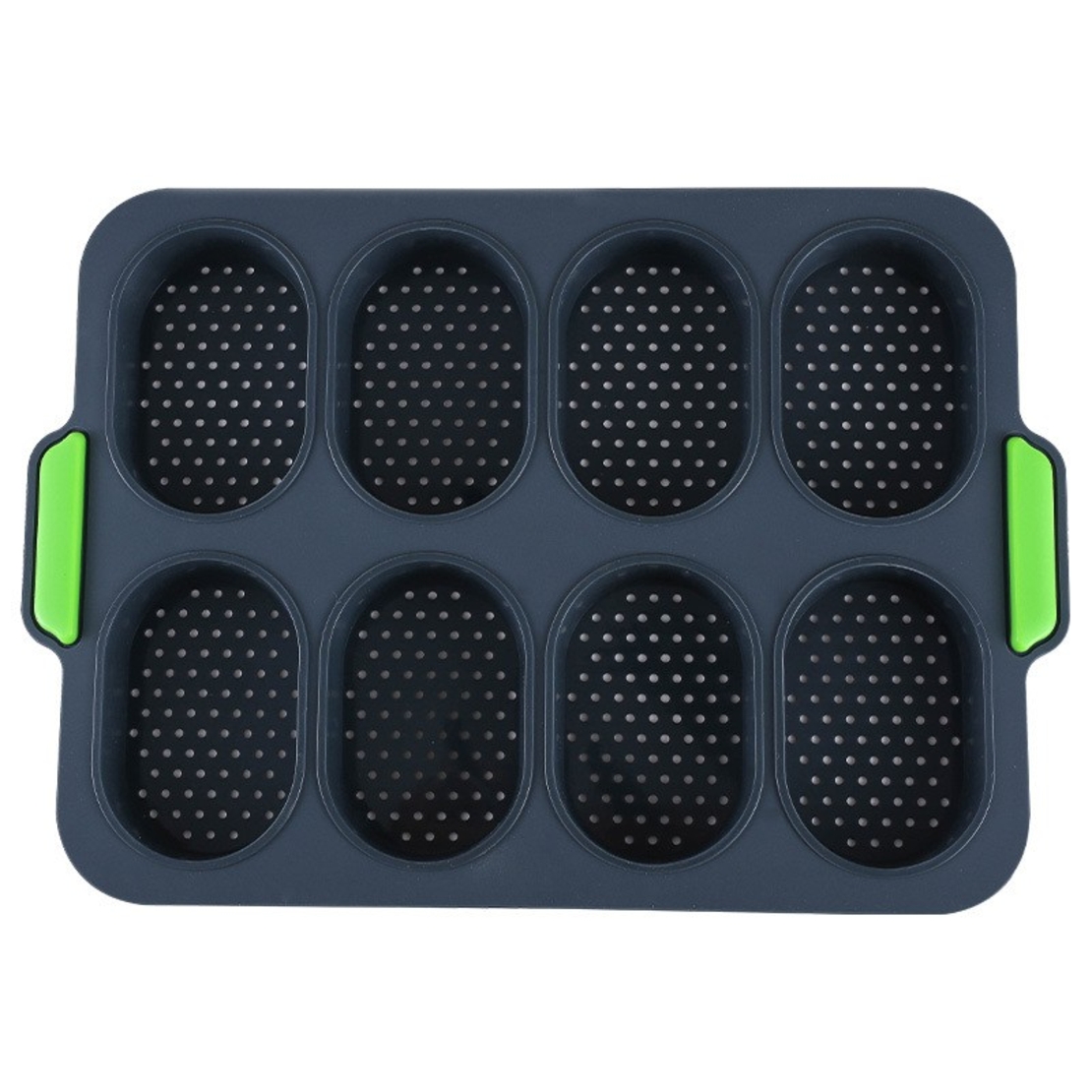 Forme de Silicon pentru Copt, Flippy, 8 Forme Ovale, pentru Paine si Prajituri, 34.5 x 23.8 x 2.5 cm, Negru/Verde