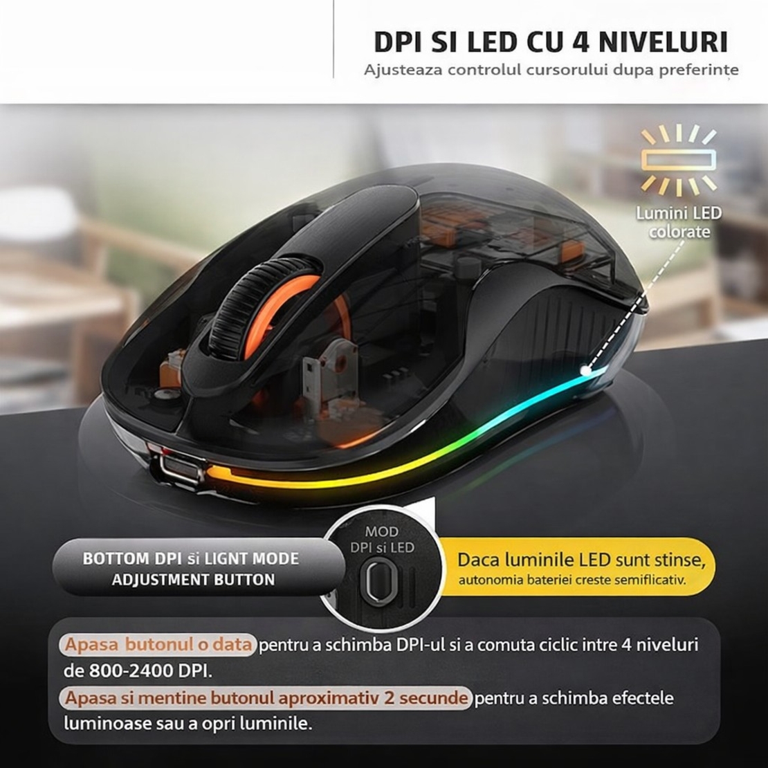 Mouse Wireless, Vafy, Dual Bluetooth, 2.4 GHz, Multi Device, USB-C, 4 Niveluri DPI 800-2400, Reincarcabil, Iluminare LED, Compatibil MacBook/iPad/Laptop, 10 x 6 cm, Negru