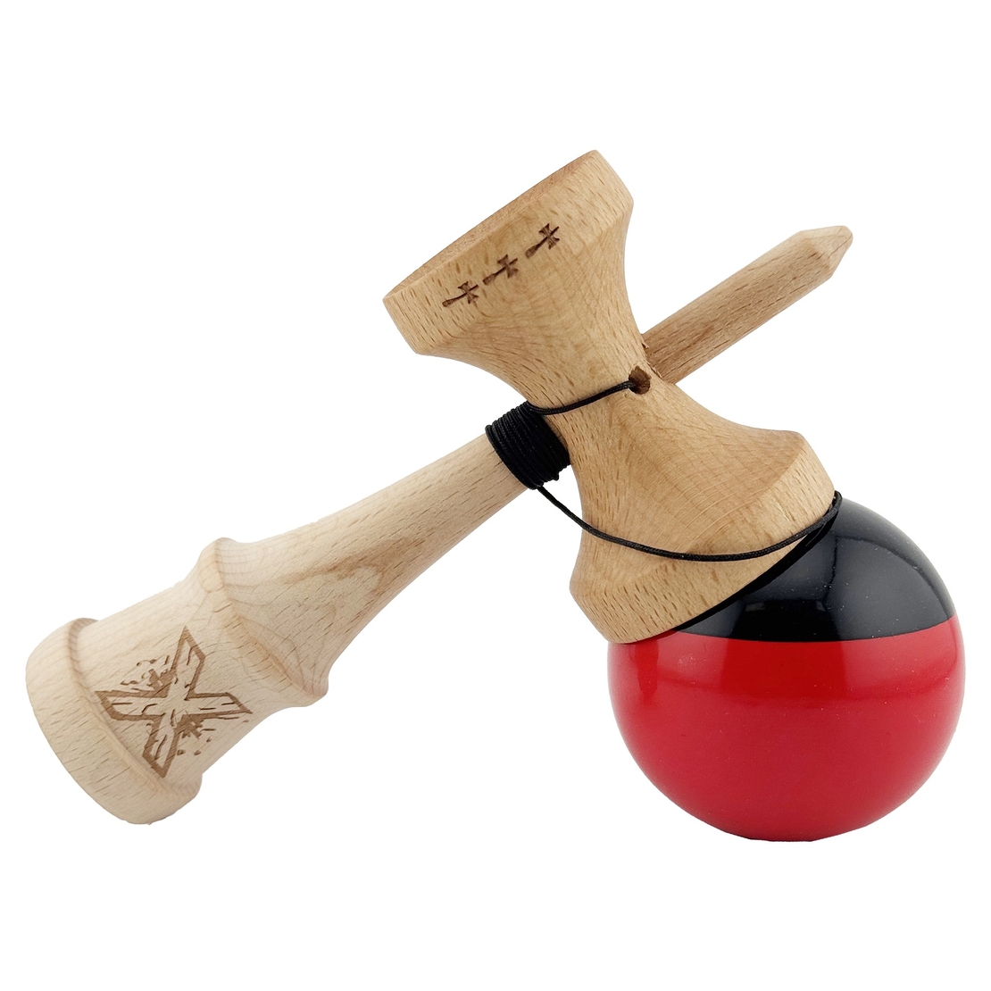 Kendama X Originala, Profesionala, Flippy, Big Cups V2, Super Sticky cu Cupe Mari, Rulment Metalic, din lemn 18 cm, Ata 55 cm, Negru/Rosu