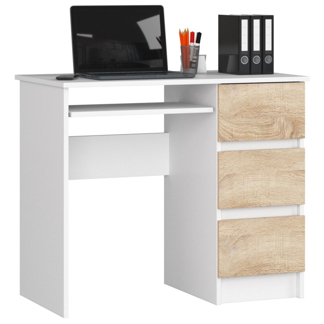Birou computer cu 3 sertare si raft pentru tastatura, dreapta, 90x50x77 cm, alb si stejar sonoma