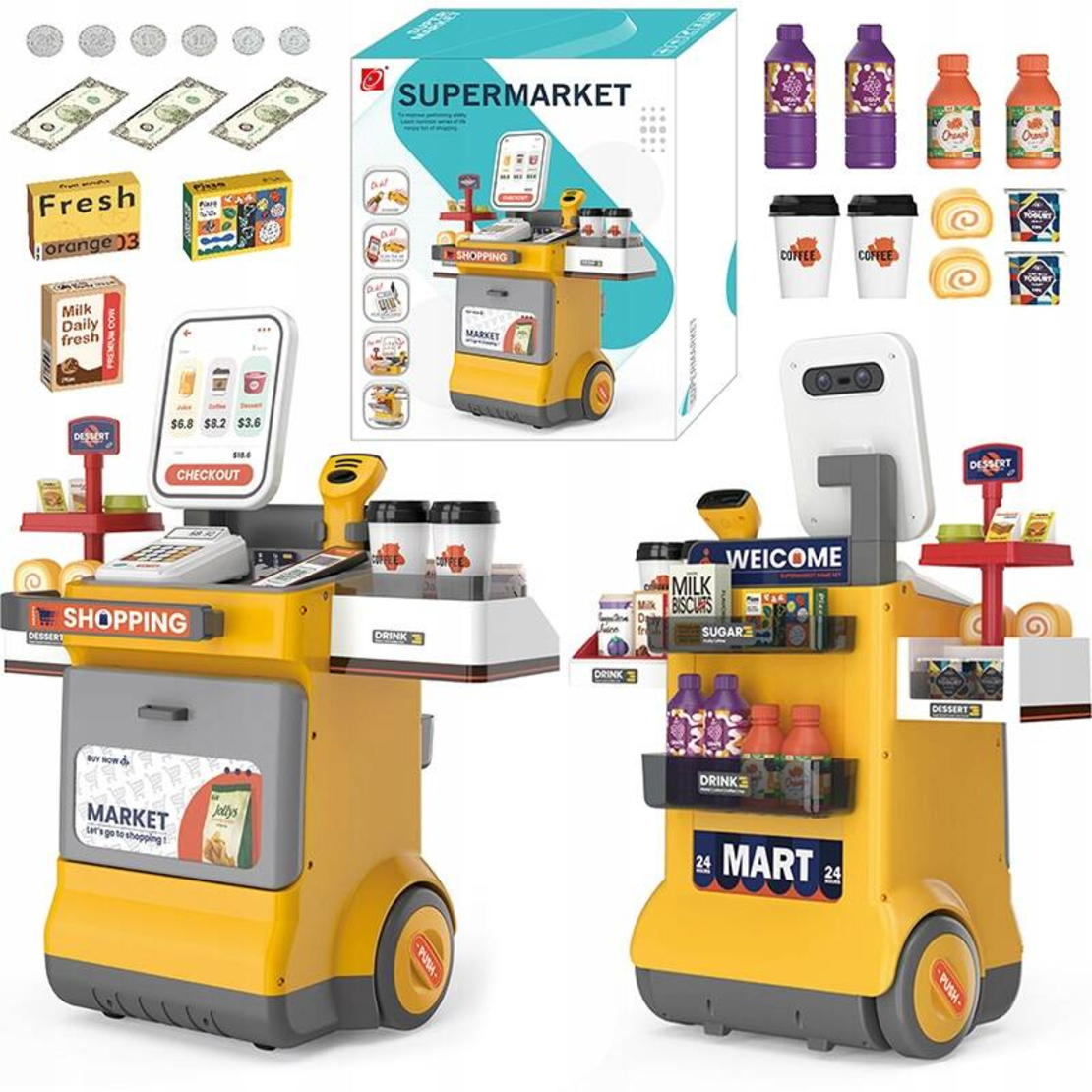 Set magazin pentru copii cu lada si roti, sunete, rafturi multiple, 48x30x58 cm, multicolor