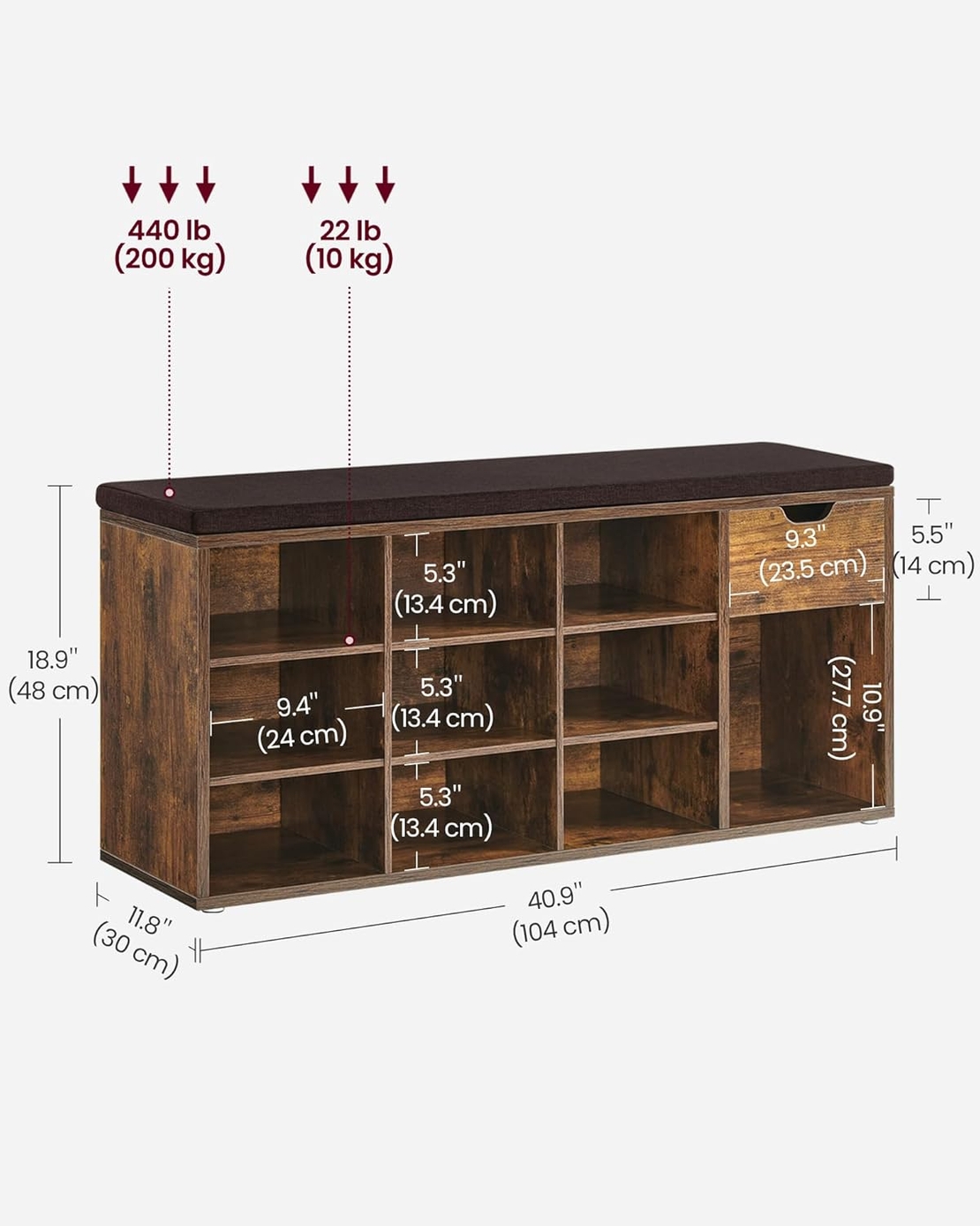 VASAGLE Banca de depozitare cu suport pentru pantofi, 10 compartimente si dulap, cu perna, 30x104x48cm, maro rustic