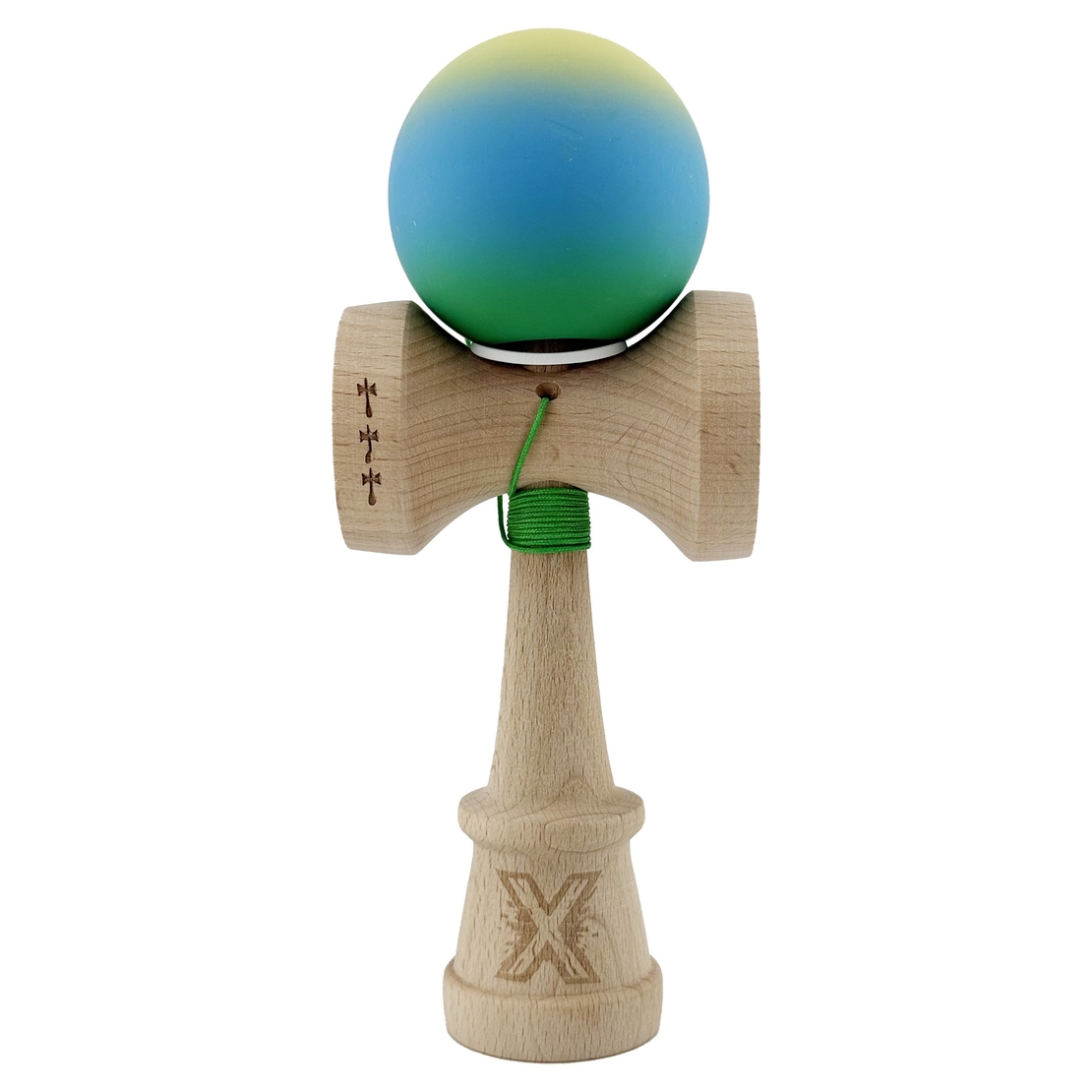 Kendama X Originala, Profesionala, Flippy, Cupe Mari KING SIZE V3, Rubber Grip, Gaura in Baza, Rulment Metalic, din lemn 18 cm, Ata 62/65 cm, Gradient Galben/Albastru/Verde