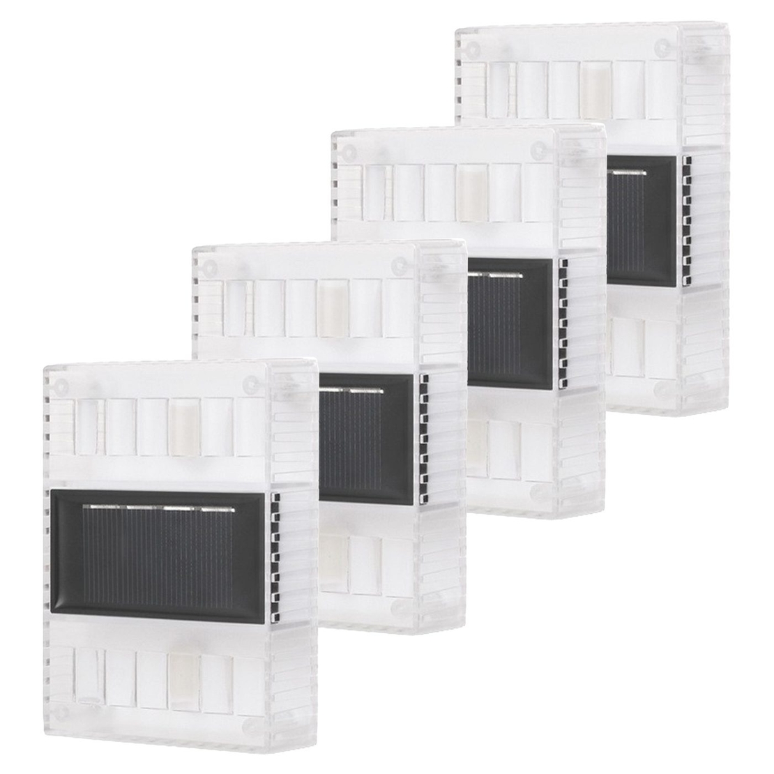 Aplica solara LED pentru Gradina, Flippy, Set 4 Bucati, ABS/Policarbonat, Rezistenta la apa IP65, pentru perete, 1.2V, 600mah, 10x2.5x7 cm, Lumina Alb calda, Transparenta