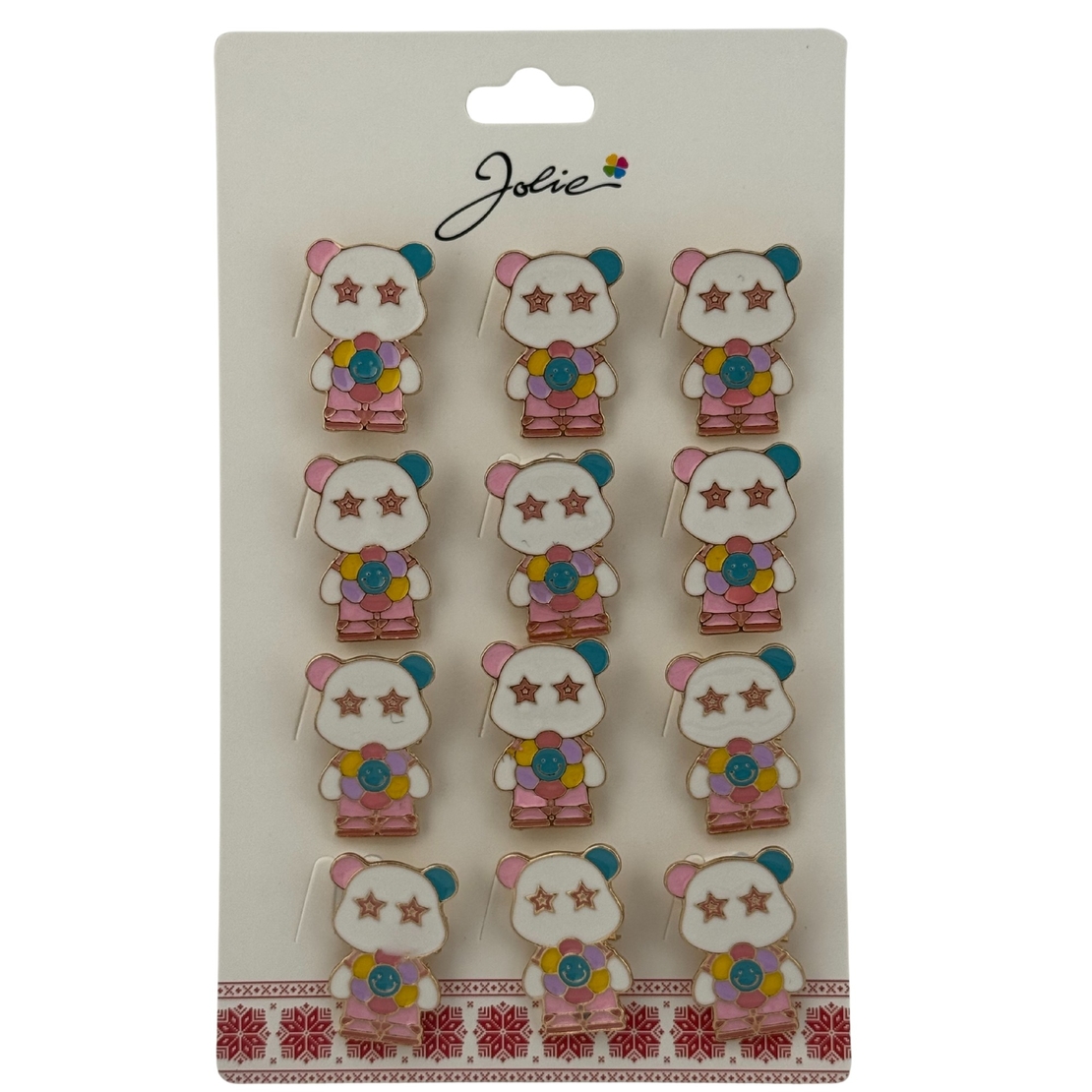 Set 12 Brose Martisor pentru Copii, Jolie, Model Urs Panda cu Floare Multicolora
