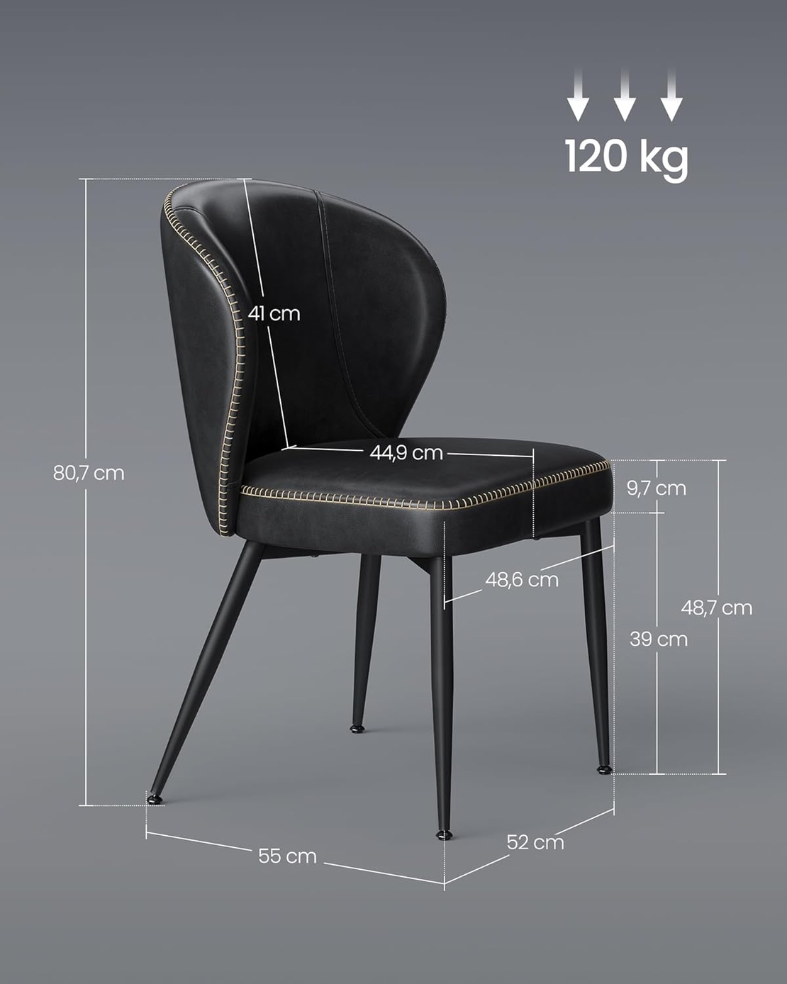VASAGLE Set 2 scaune living EKHO, tapiterie piele ecologica cu cusaturi, 52x55x79 cm, negru