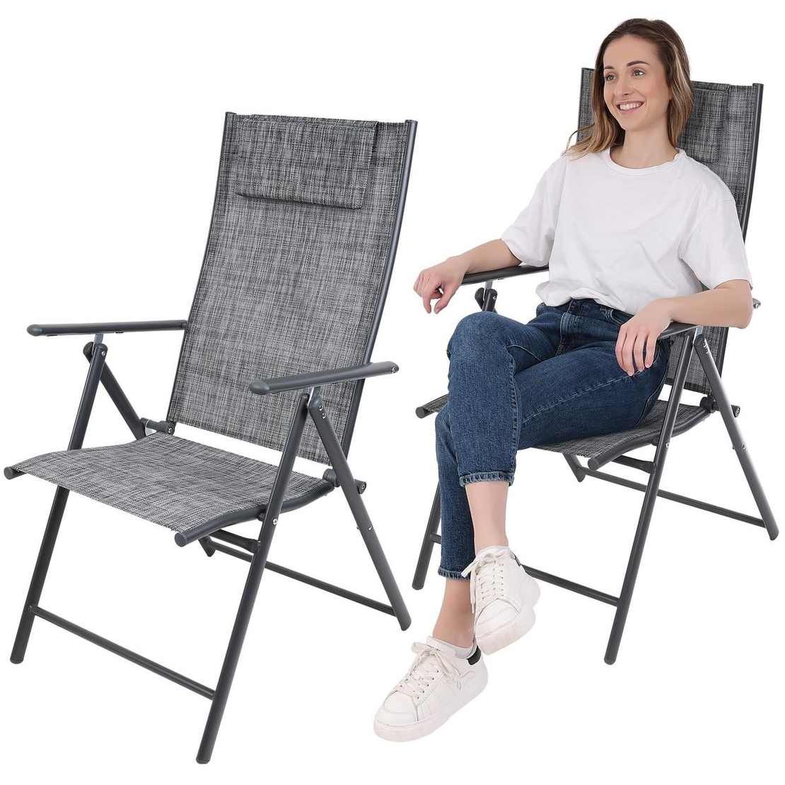 Set 2 scaune reglabile de gradina cu tetiera, textilene si cadru metalic, 57x68x106 cm, gri