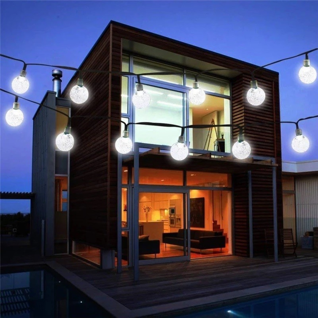 Instalatie Craciun, Tip Globuri de cristal, 20 Led-uri, 5 metri, Alb rece, Energie solara, Senzor de lumina, Vafy