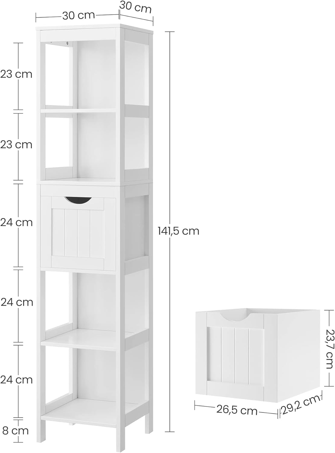 VASAGLE Dulap de baie tip coloana, din MDF, cu 2 sertare si 3 rafturi, 30x30x142 cm, alb