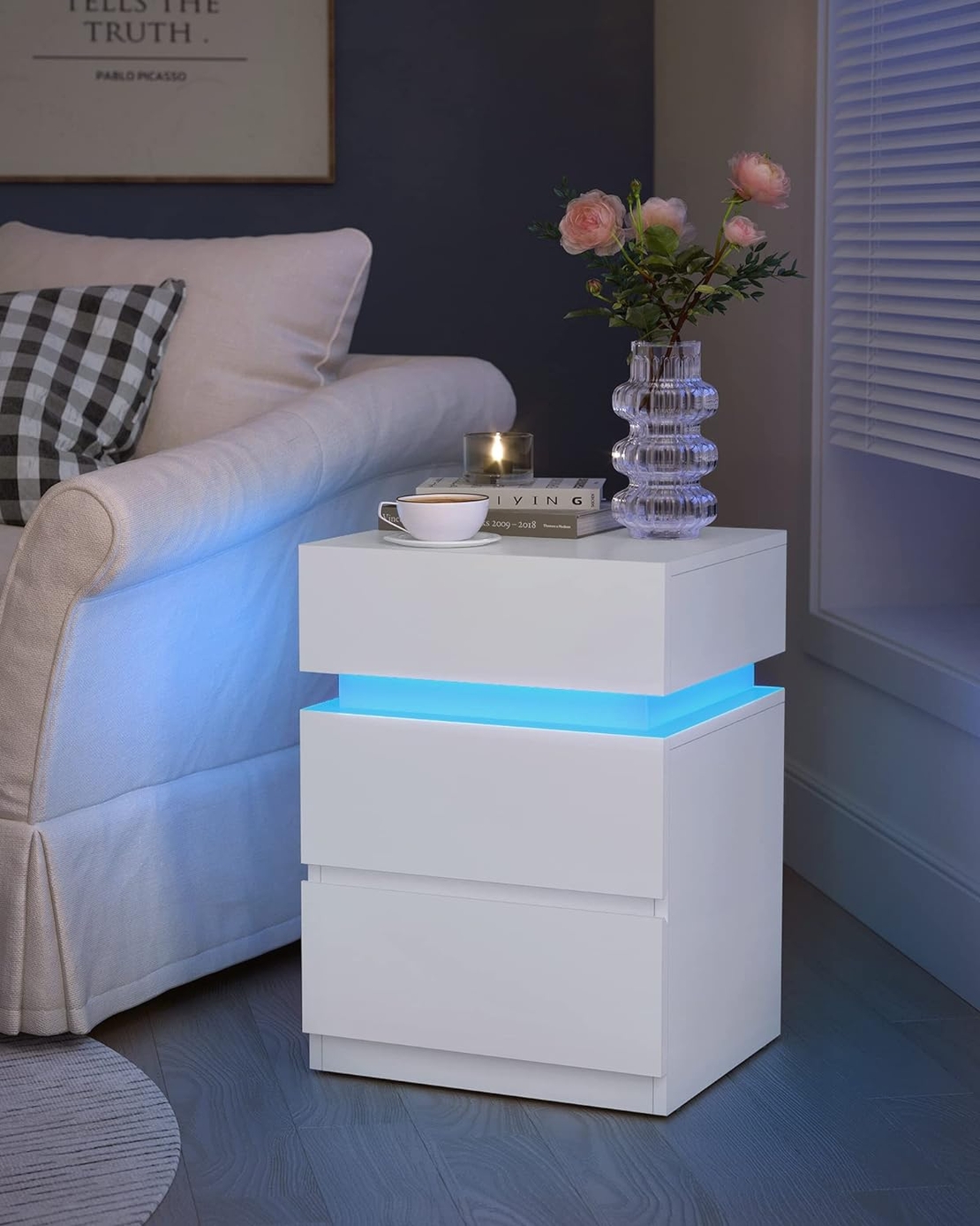 VASAGLE Noptiera din MDF cu iluminare LED, culori si intensitate reglabile, 35x40x55cm, alb