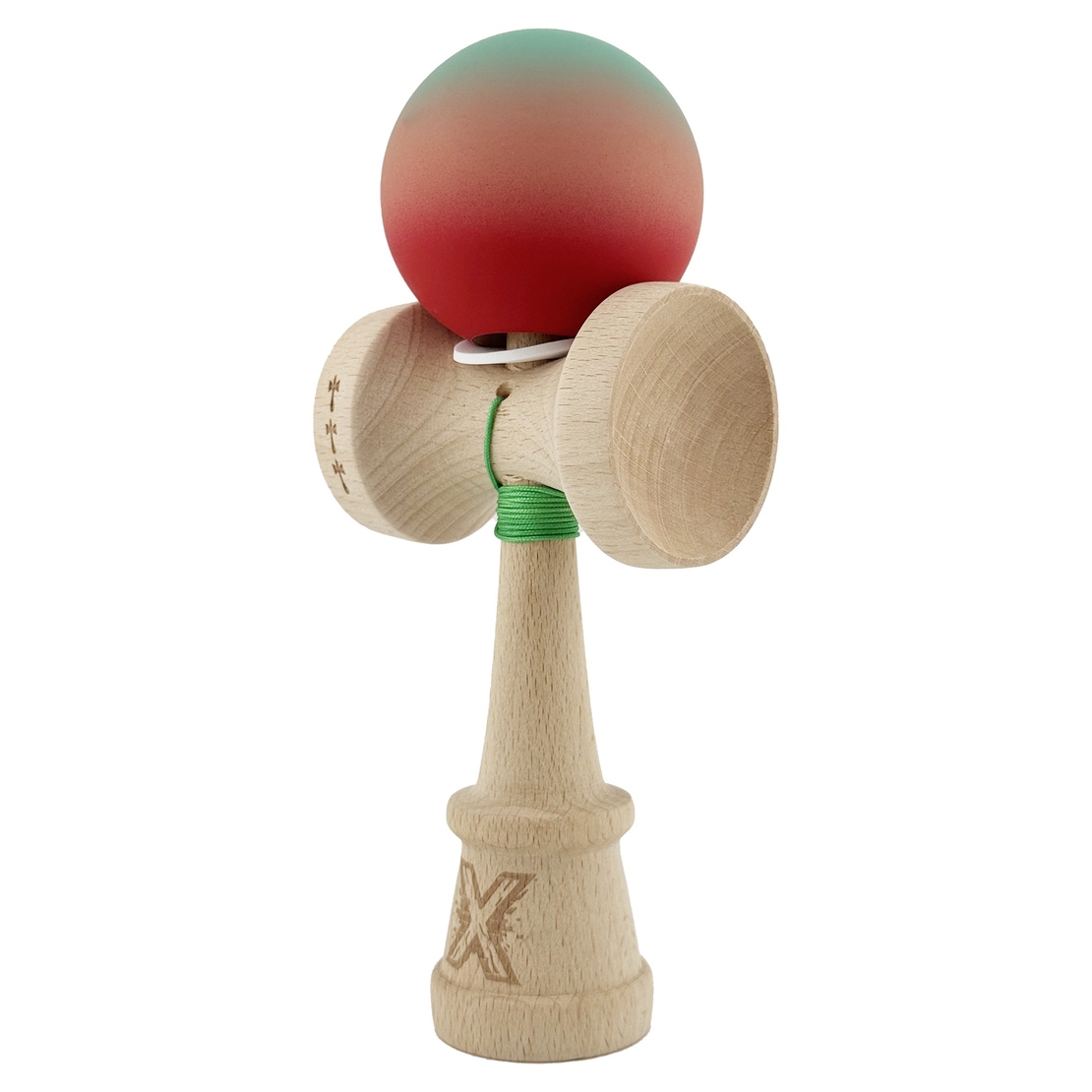 Kendama X Originala, Profesionala, Flippy, Cupe Mari KING SIZE V3, Rubber Grip, Gaura in Baza, Rulment Metalic, din lemn 18 cm, Ata 62/65 cm, Gradient Verde/Roz/Rosu