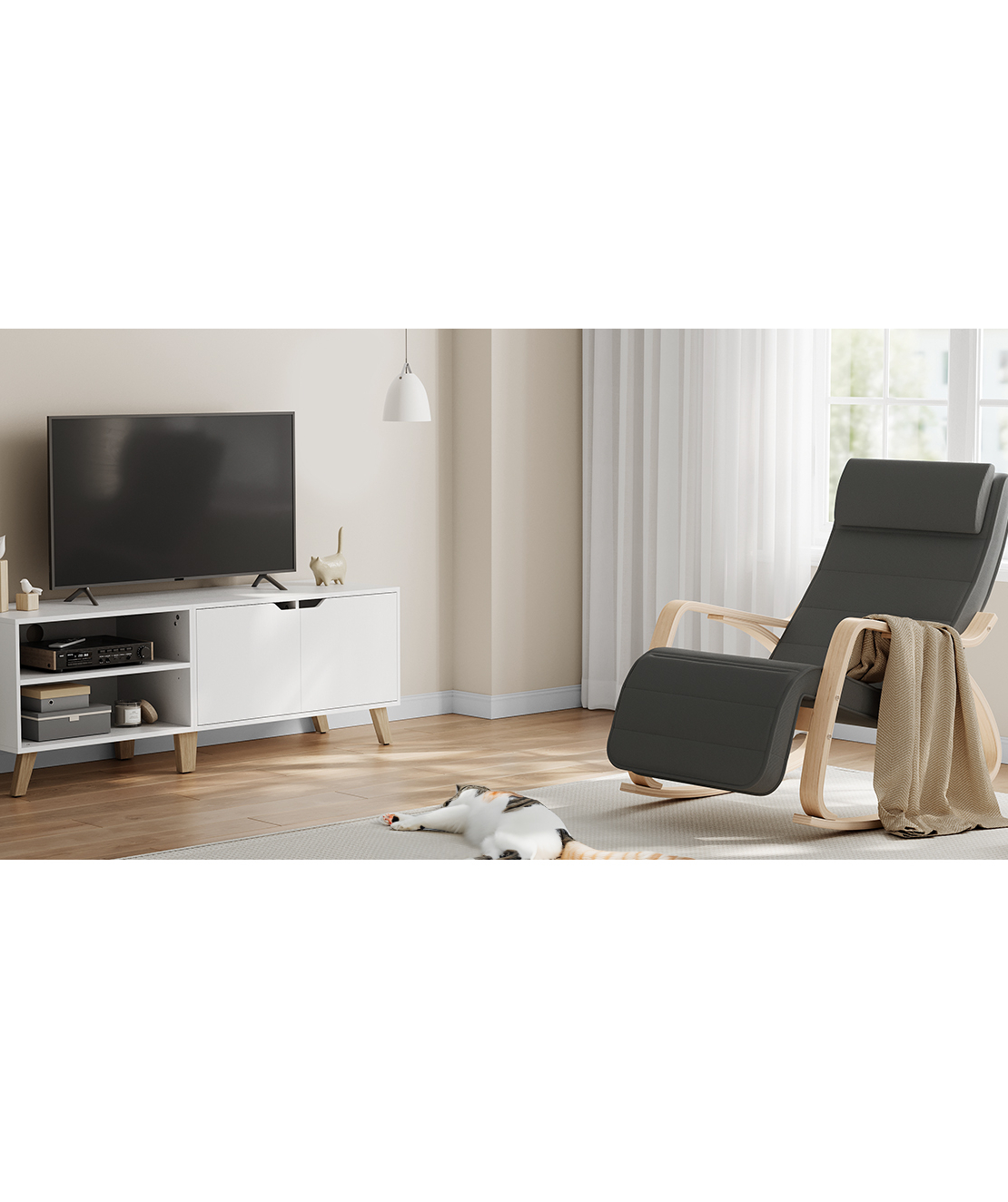 SONGMICS Scaun balansoar din lemn, suport picioare reglabil, maxim 150kg, 67x122x84 cm, gri inchis