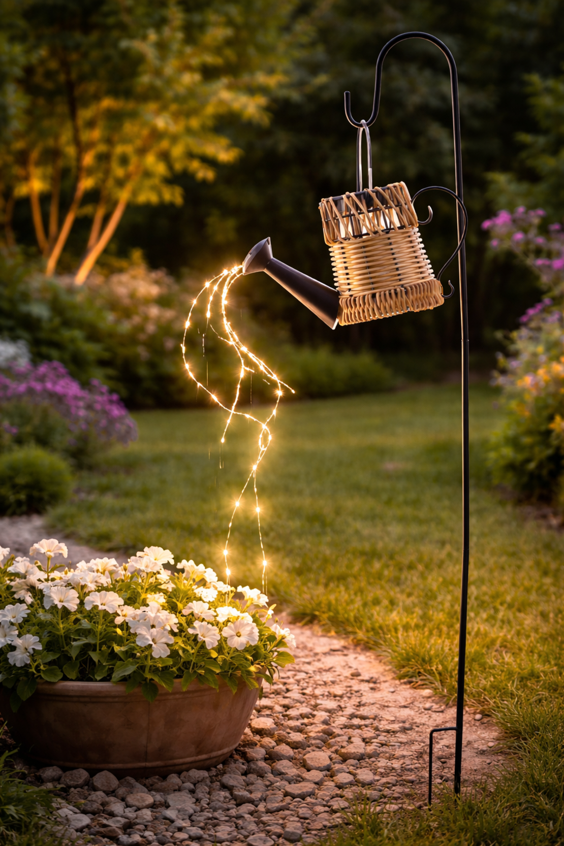 Lampa solara gradina tip stropitoare ratan, 33 LED alb cald, panou solar, IP44, 110 cm, maro