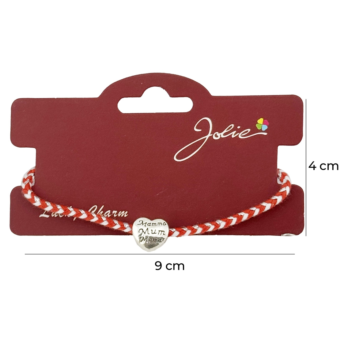 Bratara Martisor Reglabila, Jolie, Model Inima cu inscriptie: Mamma / Mum / Mama, snur Impletit, 9 x 4 cm, Alb Rosu
