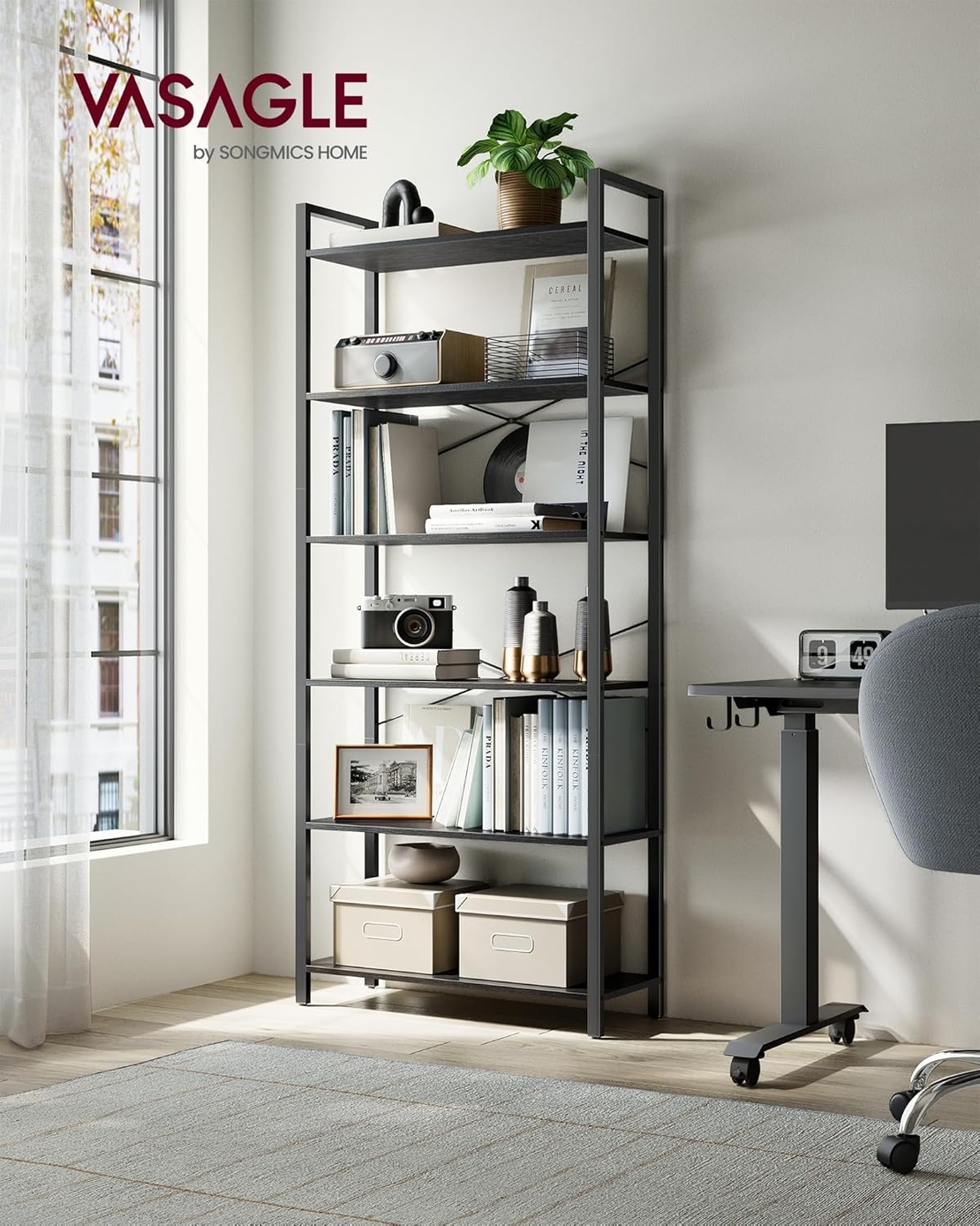 VASAGLE Biblioteca 6 rafturi, cadru metalic si polite PAL, stil industrial, 80x30x186 cm, negru