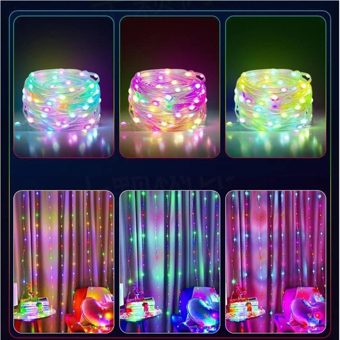 Instalatie de Craciun Vafy, liniara, cu 200 micro LED-uri, 20 m, 220V, conectare la retea, cu 8 jocuri de lumini, interior/exterior, fir transparent, 3 fire cupru, multicolora