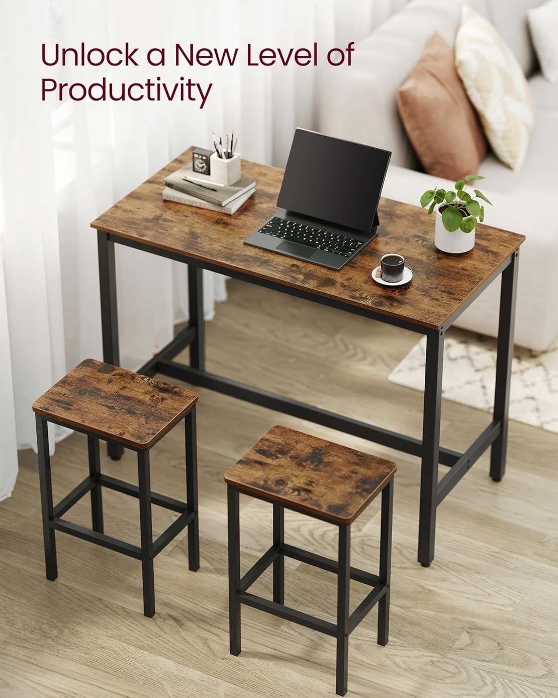 VASAGLE Set masa de bar cu 2 scaune, cadru din otel, blat lemn, stil industrial, 120x60x90cm, maro rustic
