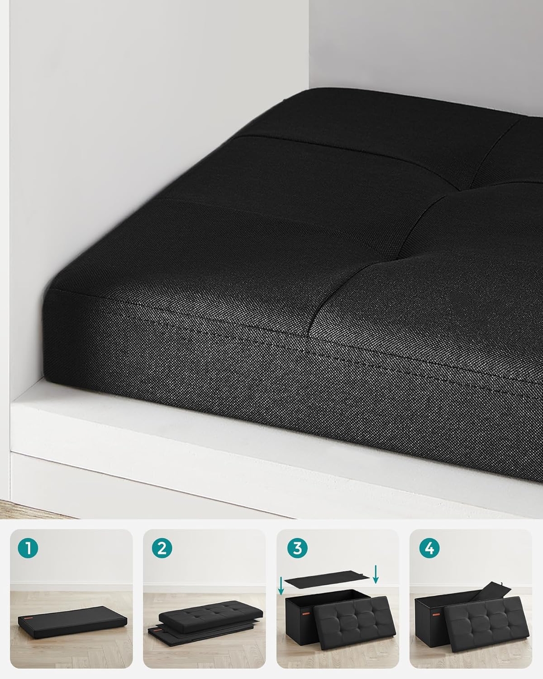 SONGMICS Taburet pliabil cu sezut moale, spatiu de depozitare 89 litri, maxim 300kg, 76x38x38 cm, negru